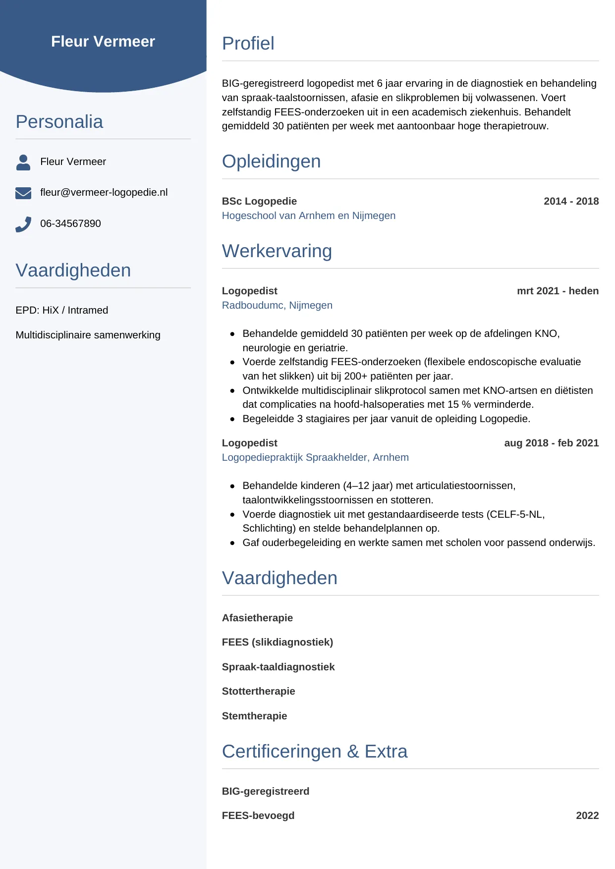 Voorbeeld CV voor logopedist in template Circulair. CV Circulair voor logopedist