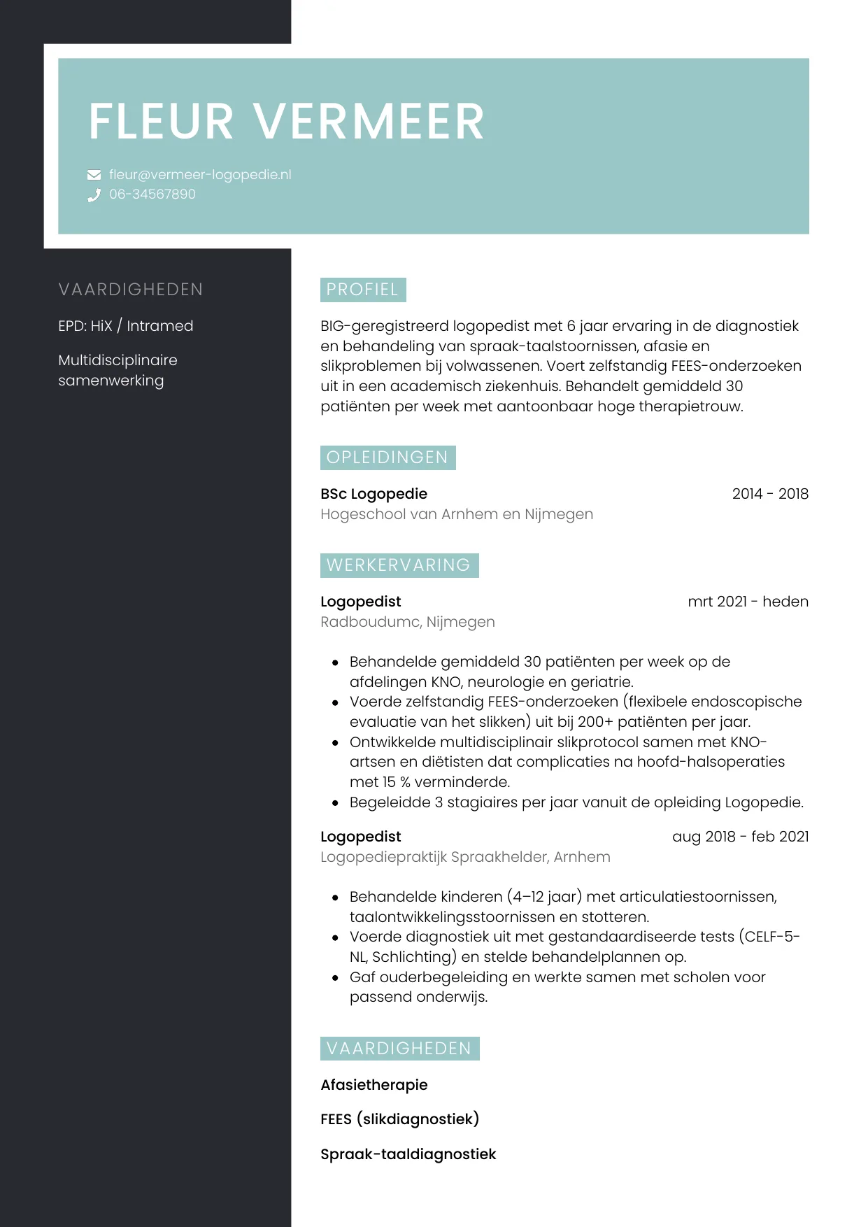 Voorbeeld CV voor logopedist in template Elegant. CV Elegant voor logopedist