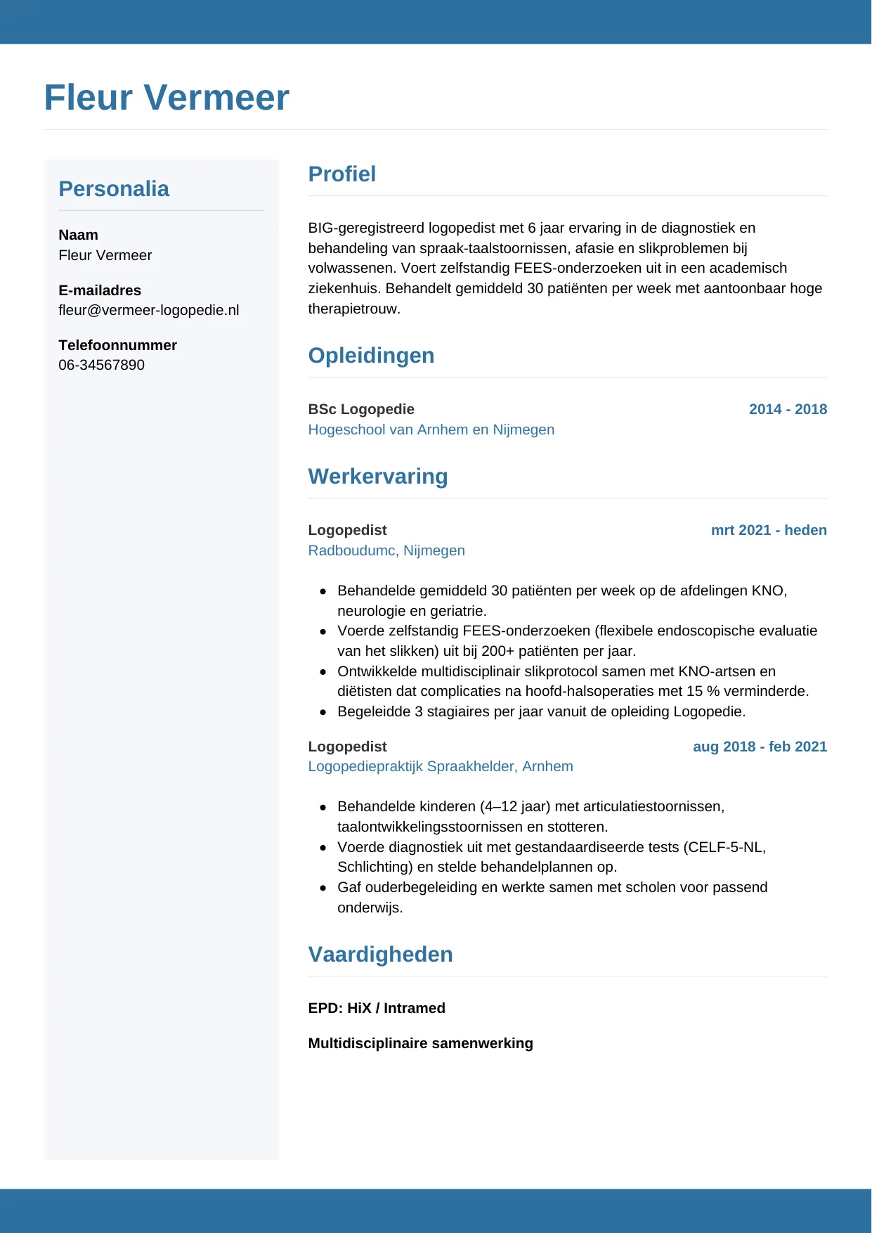 Voorbeeld CV voor logopedist in template Horizontaal. CV Horizontaal voor logopedist