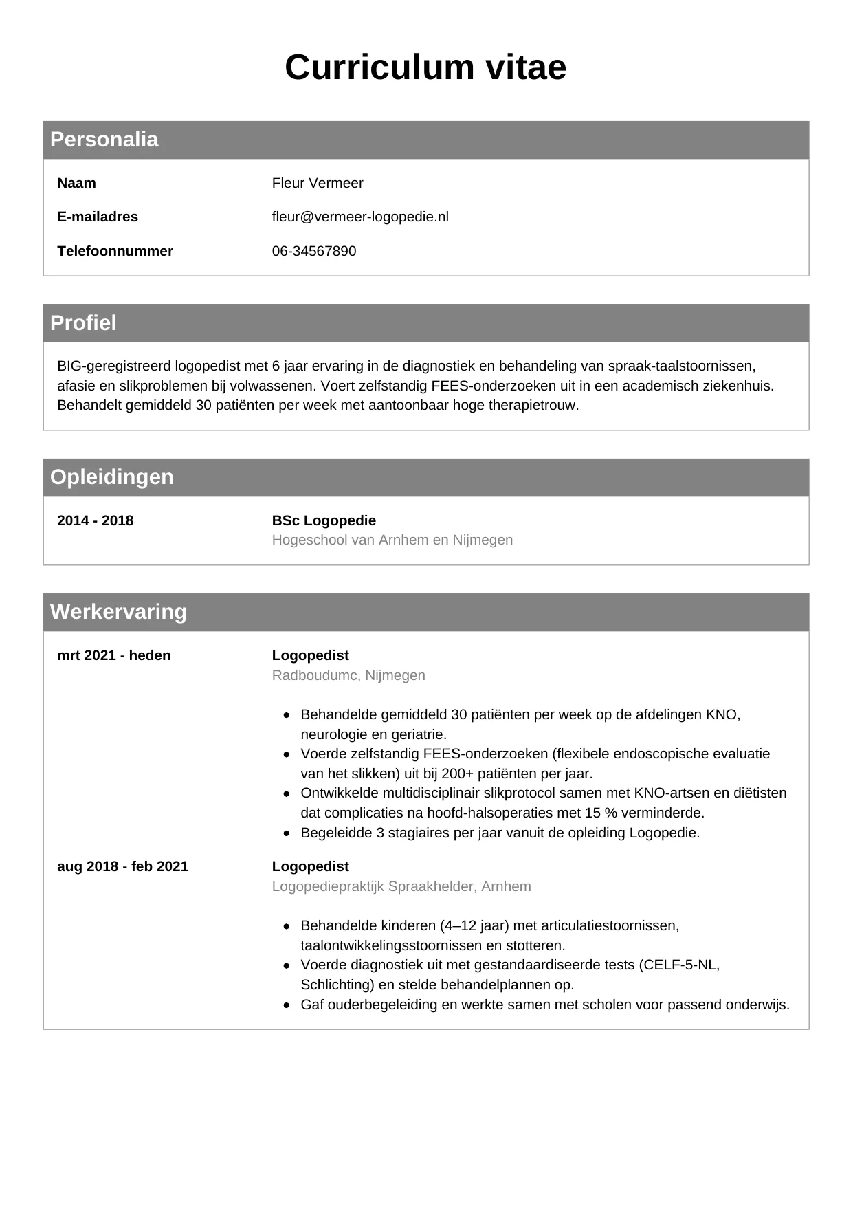 Voorbeeld CV voor logopedist in template Klassiek. CV Klassiek voor logopedist