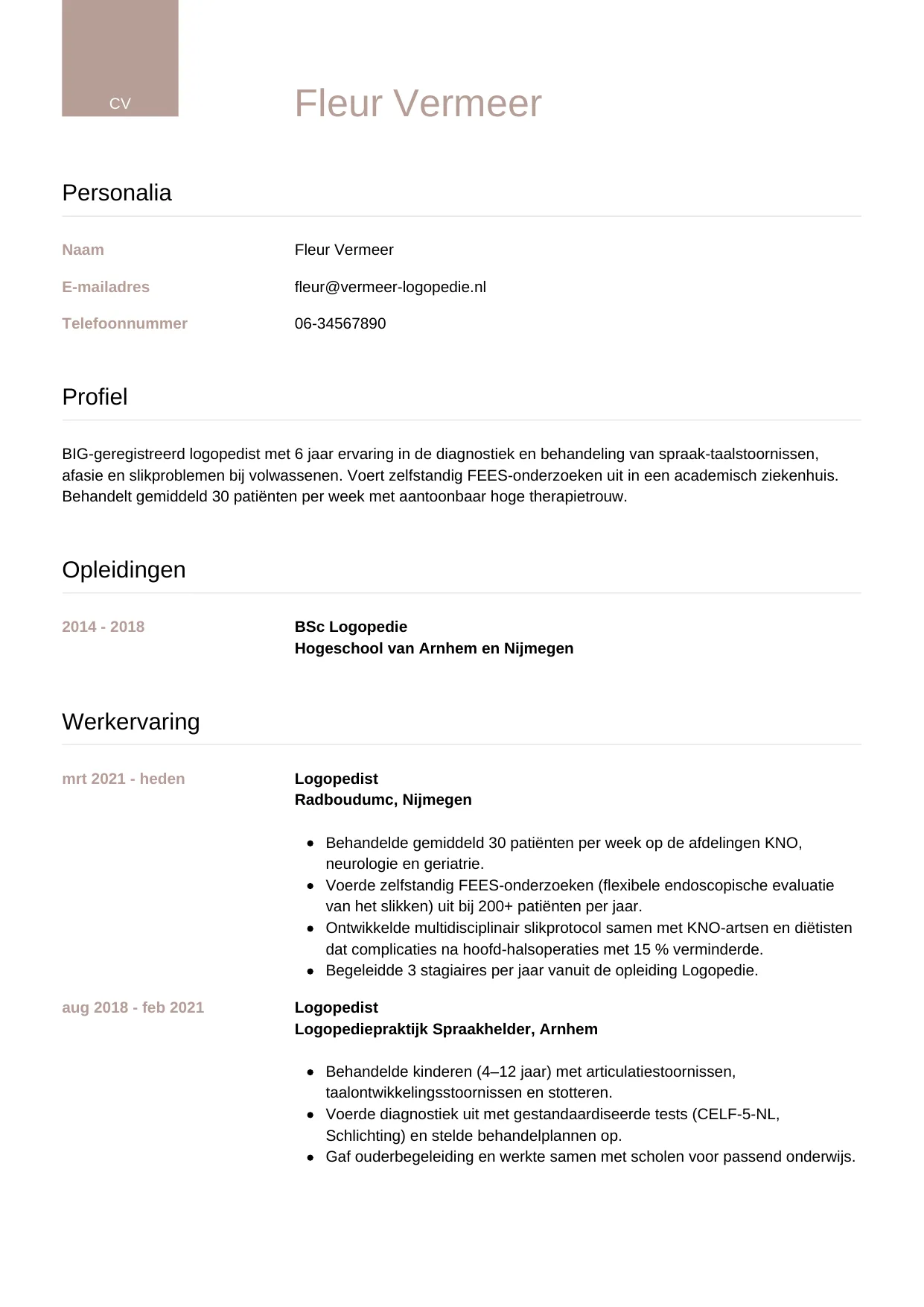 Voorbeeld CV voor logopedist in template Luxe. CV Luxe voor logopedist