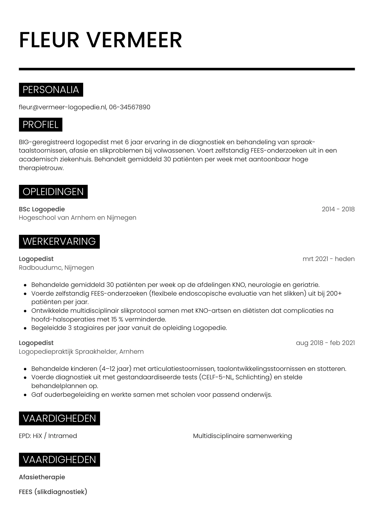 Voorbeeld CV voor logopedist in template Metro. CV Metro voor logopedist