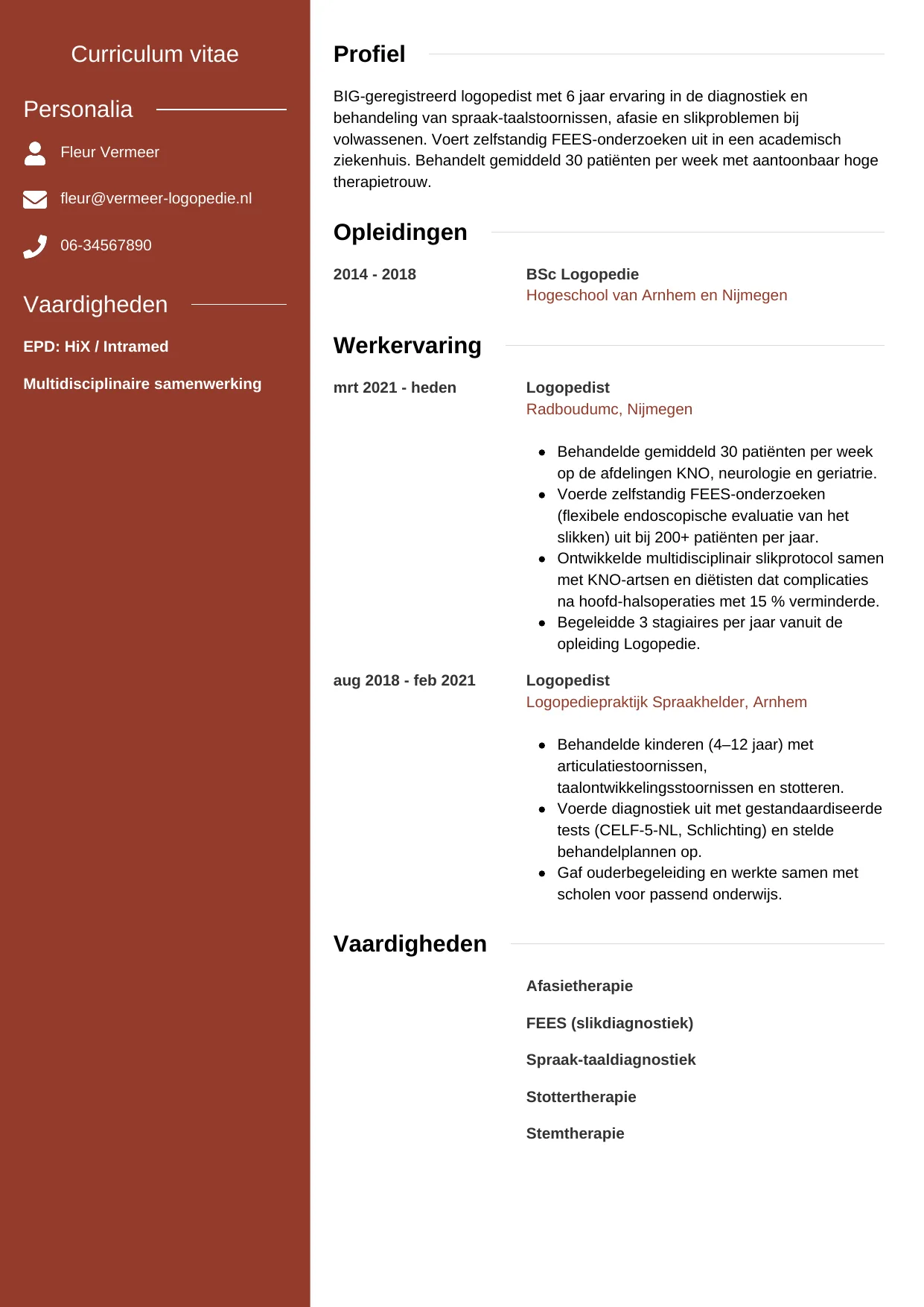 Voorbeeld CV voor logopedist in template Modern. CV Modern voor logopedist