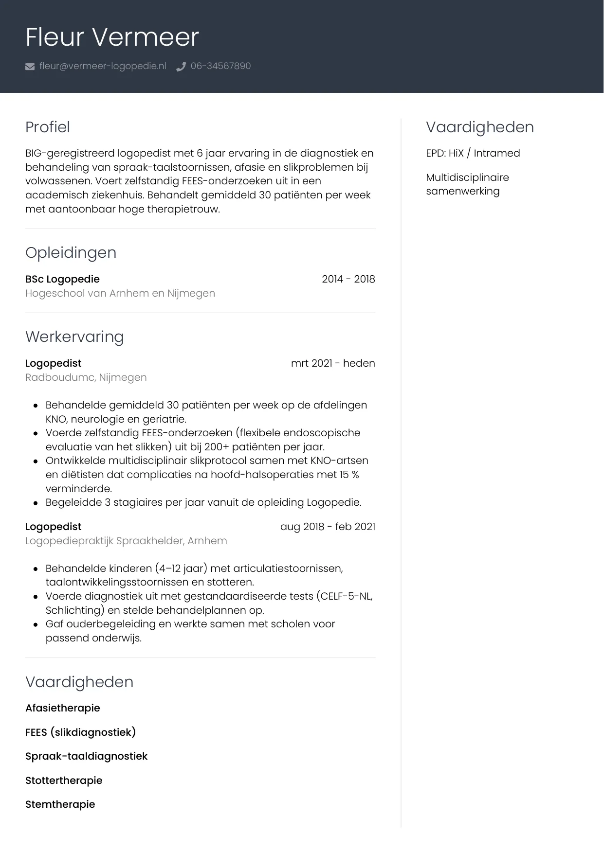 Voorbeeld CV voor logopedist in template Professioneel. CV Professioneel voor logopedist