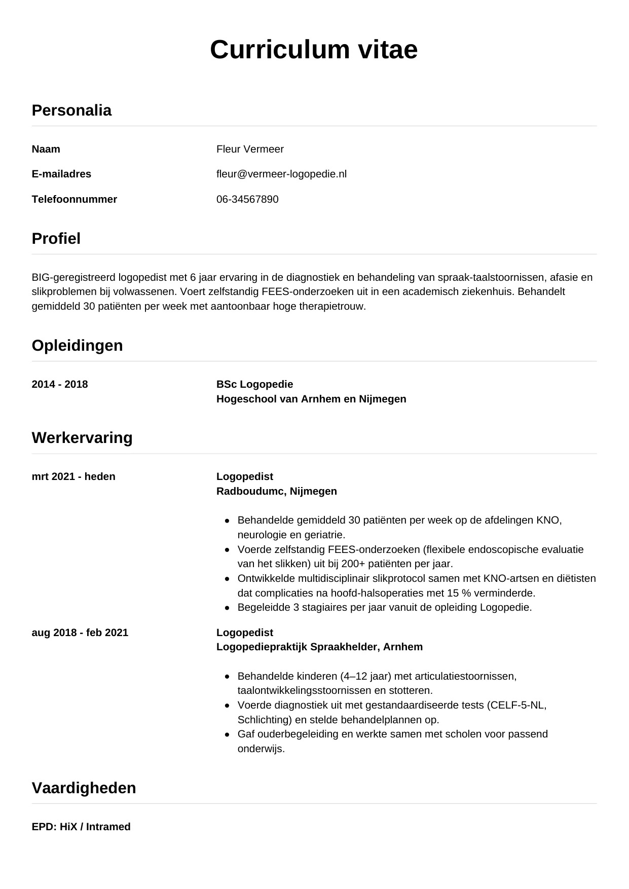 Voorbeeld CV voor logopedist in template Simpel. CV Simpel voor logopedist