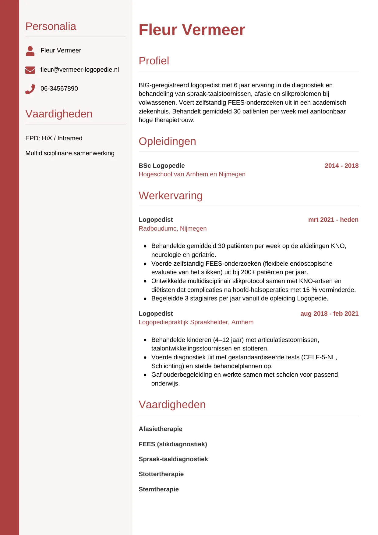 Voorbeeld CV voor logopedist in template Verticaal. CV Verticaal voor logopedist