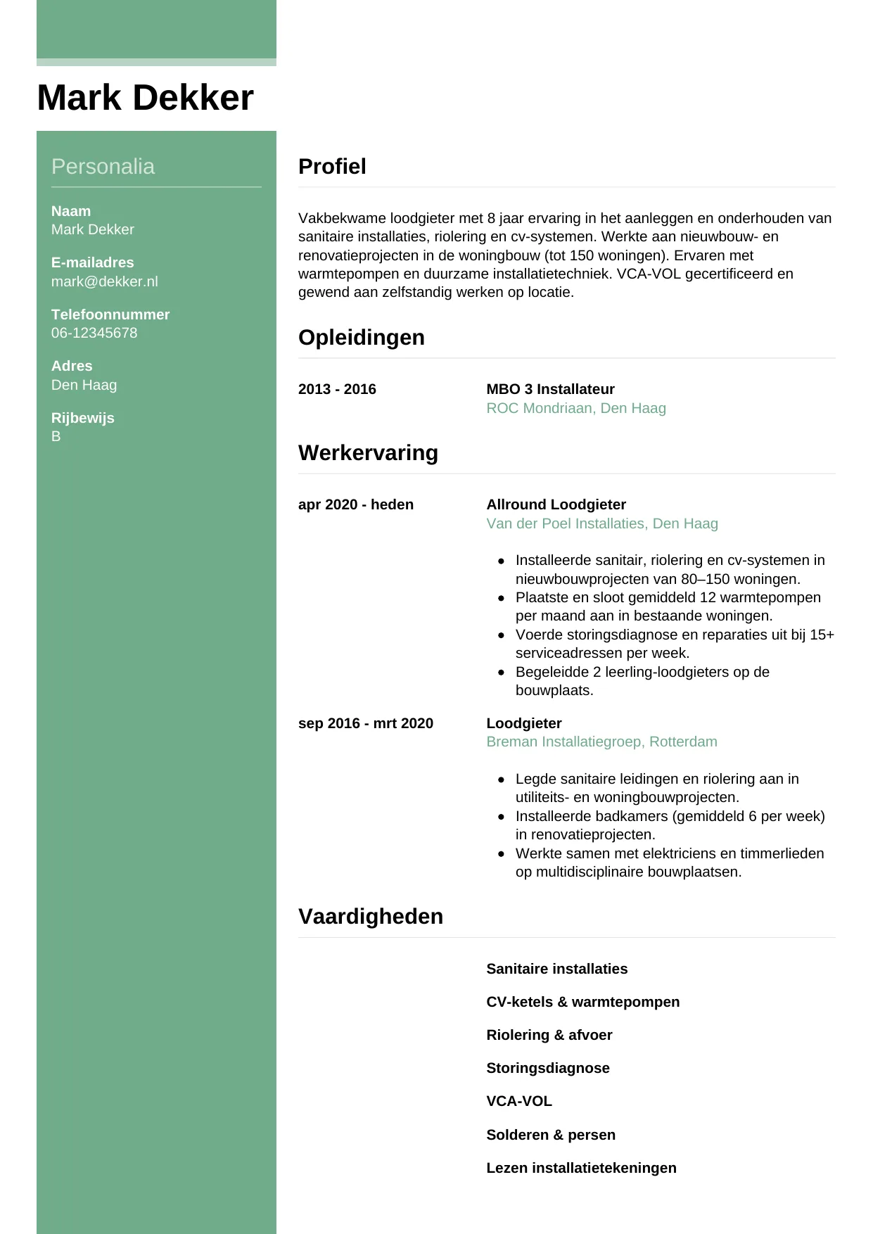 CV Casual voor loodgieter