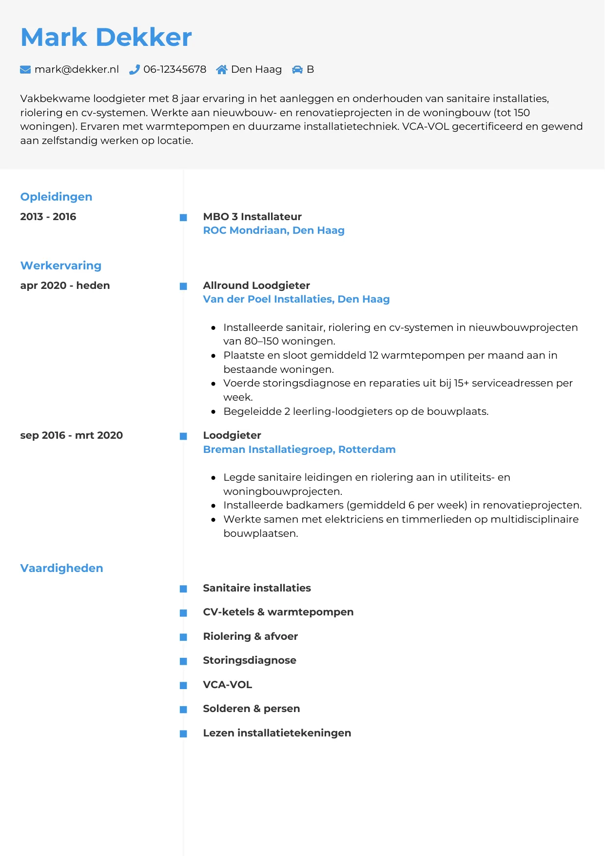 CV Chrono voor loodgieter