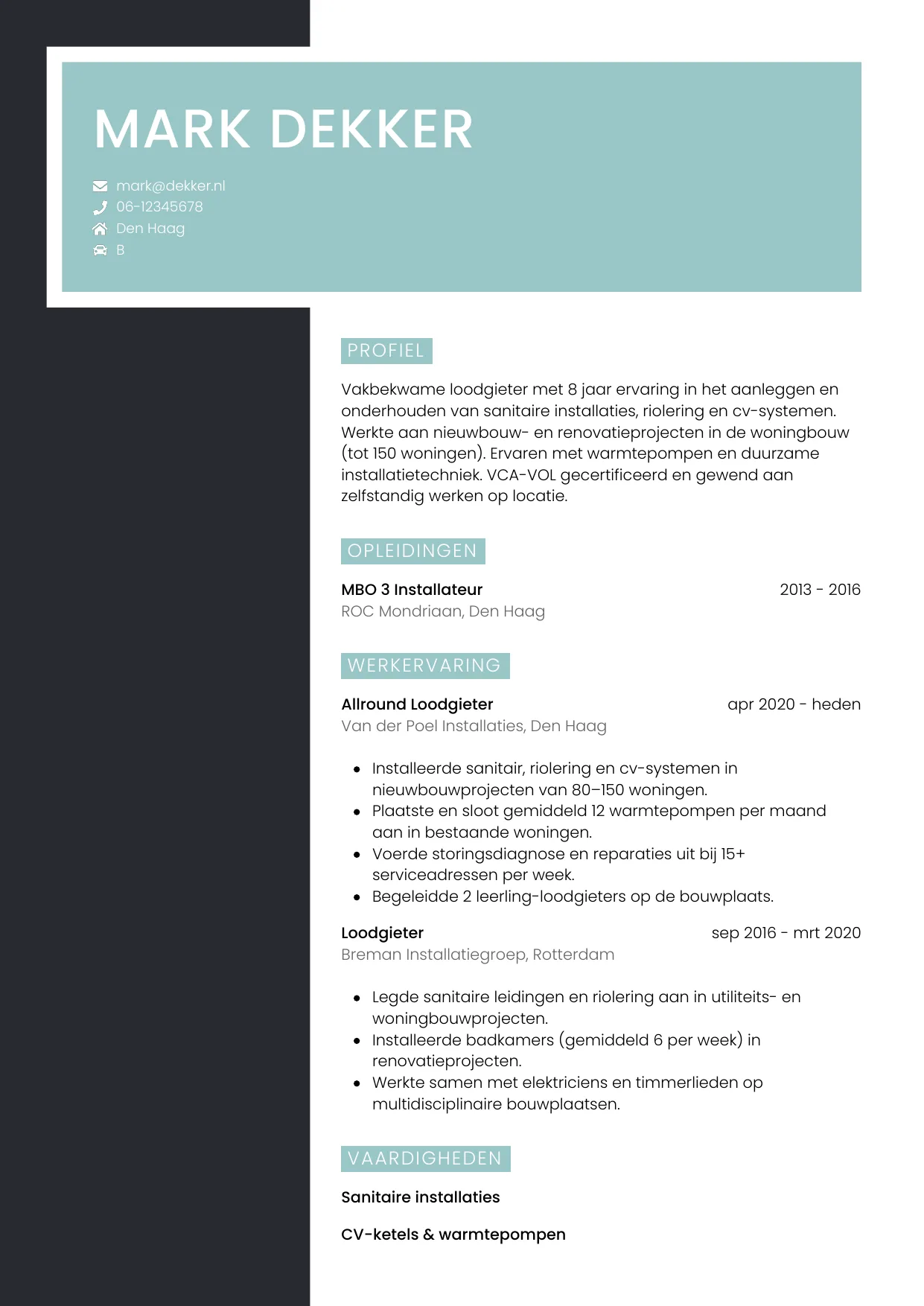 CV Elegant voor loodgieter