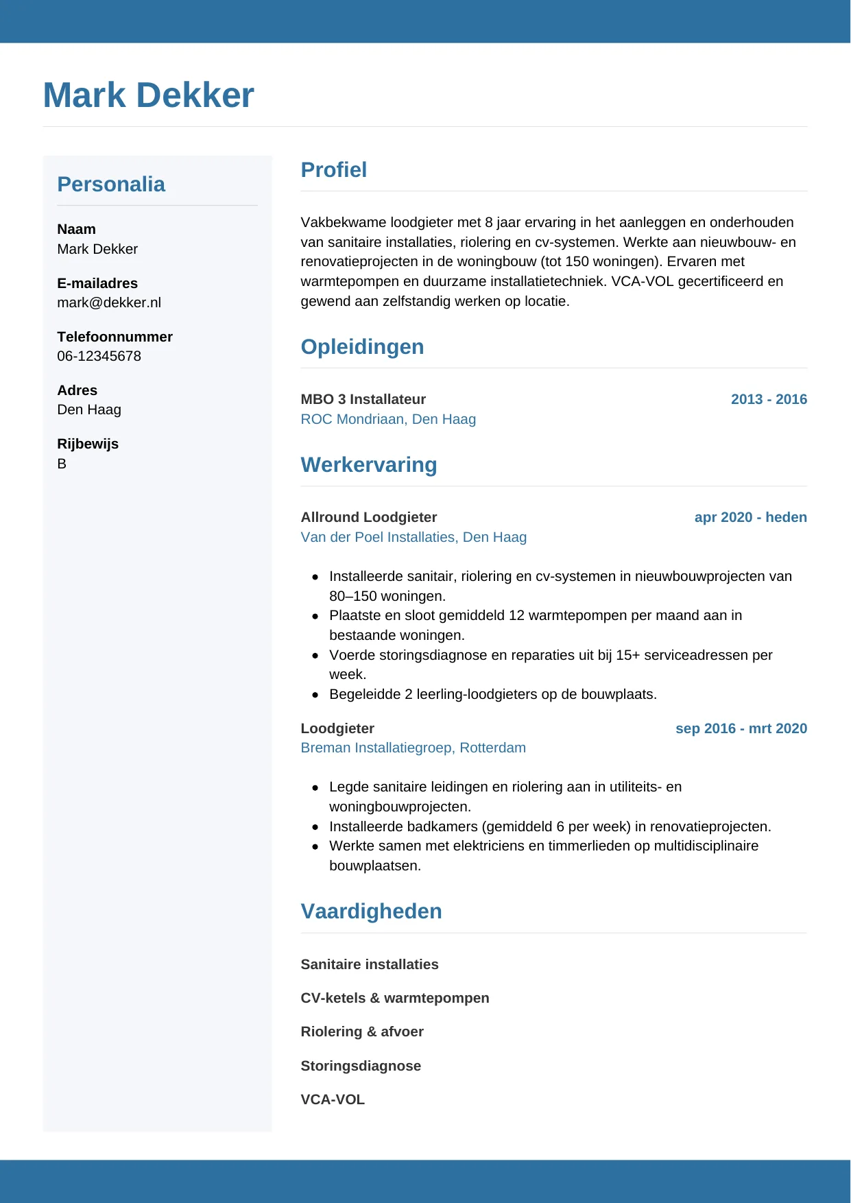 CV Horizontaal voor loodgieter
