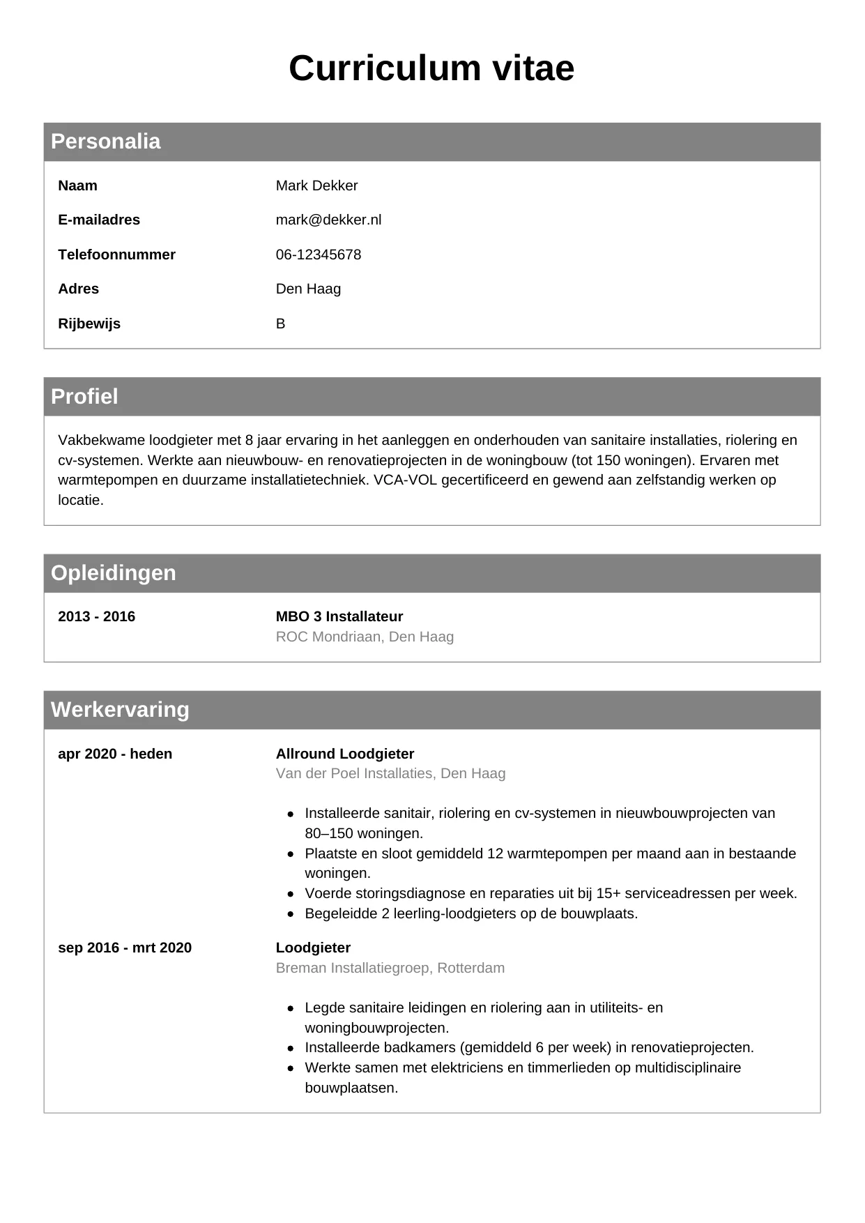 CV Klassiek voor loodgieter