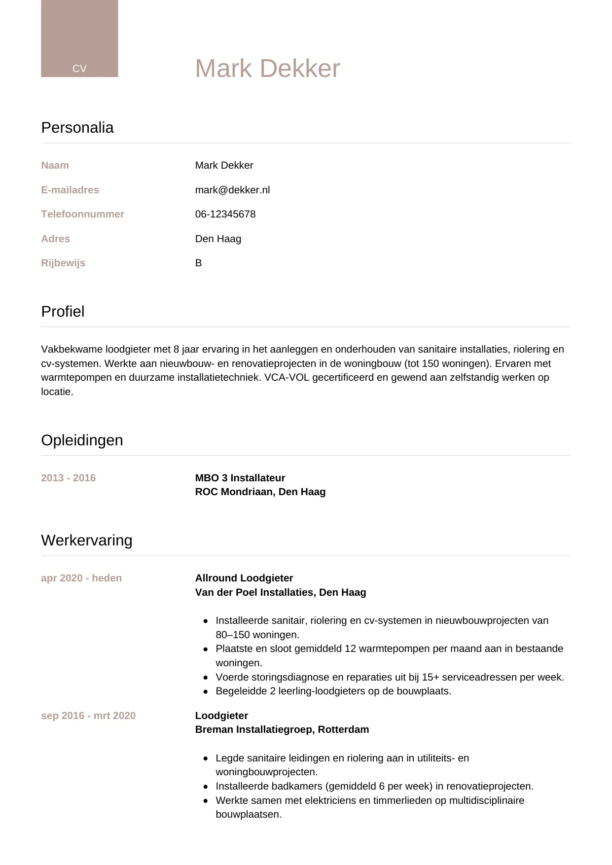 CV Luxe voor loodgieter