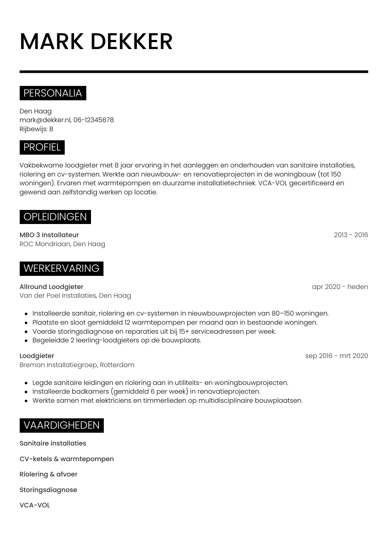 CV Metro voor loodgieter