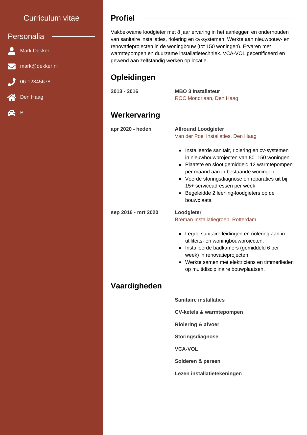 CV Modern voor loodgieter