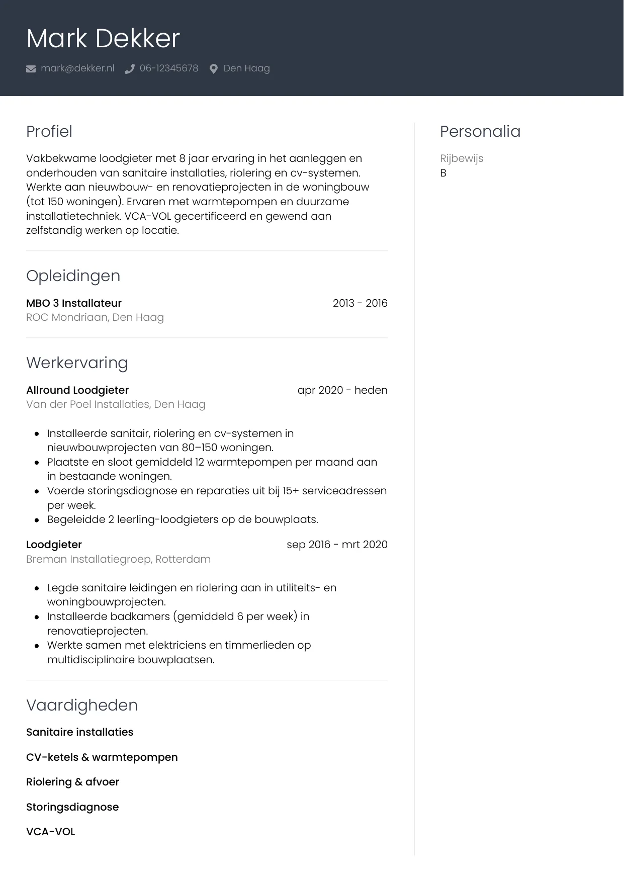 CV Professioneel voor loodgieter
