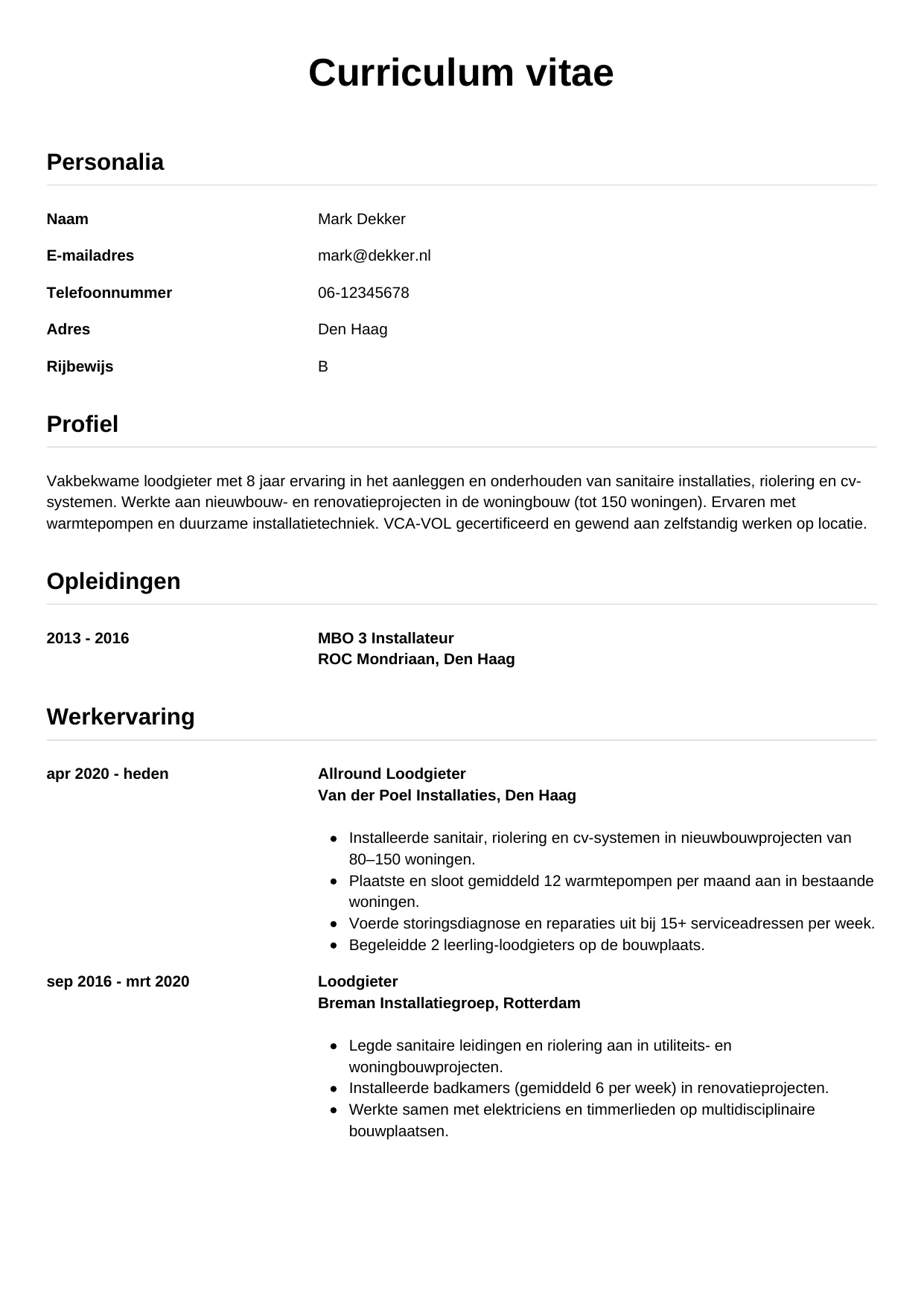 CV Simpel voor loodgieter