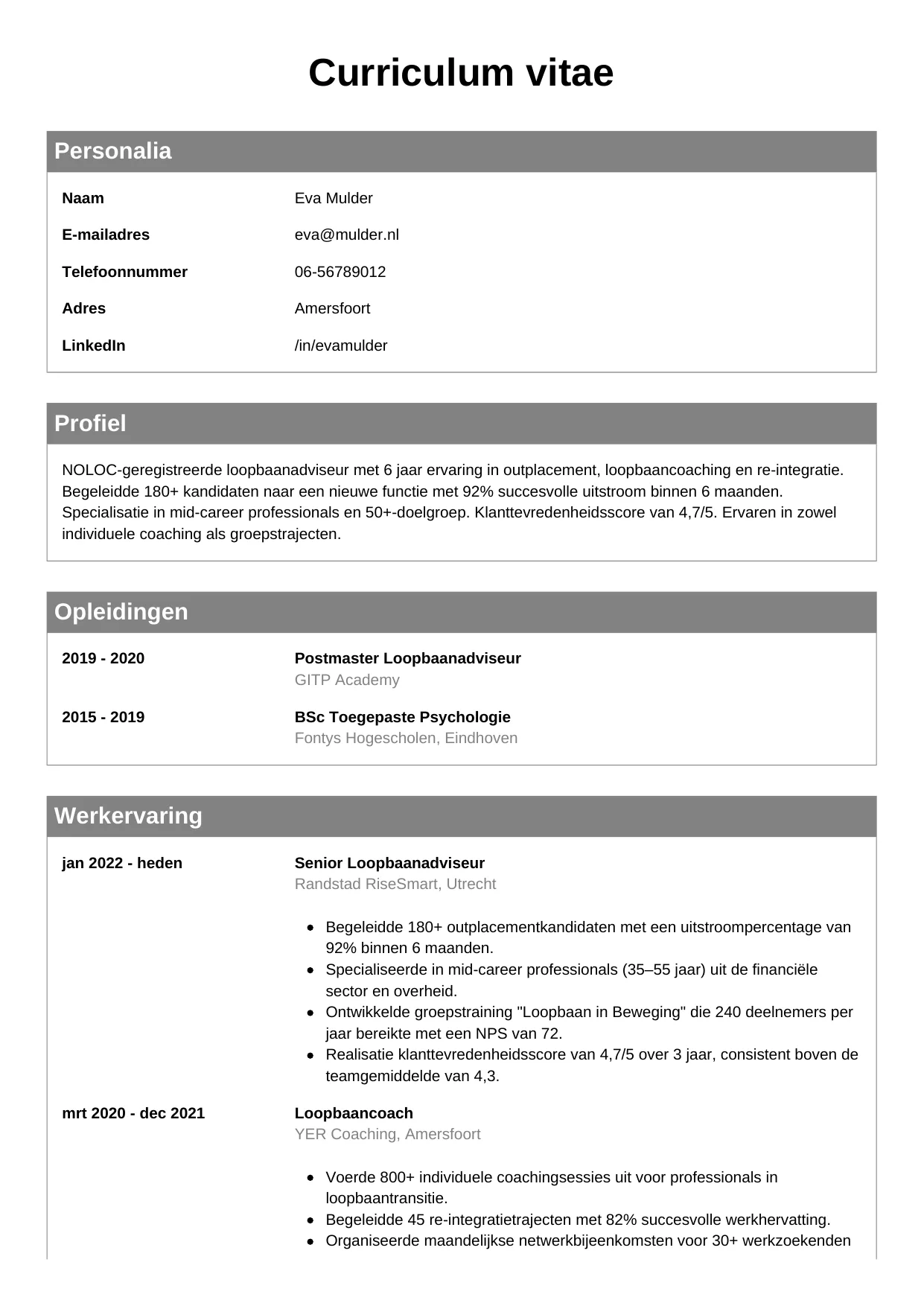 CV Klassiek voor loopbaanadviseur
