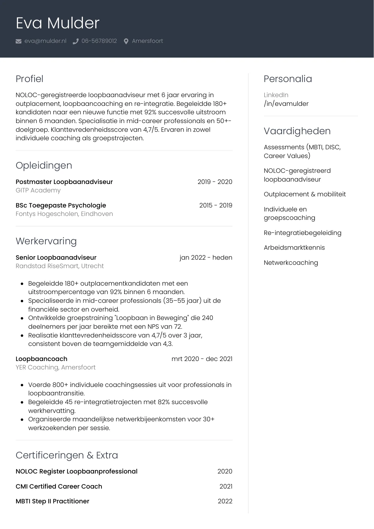 CV Professioneel voor loopbaanadviseur