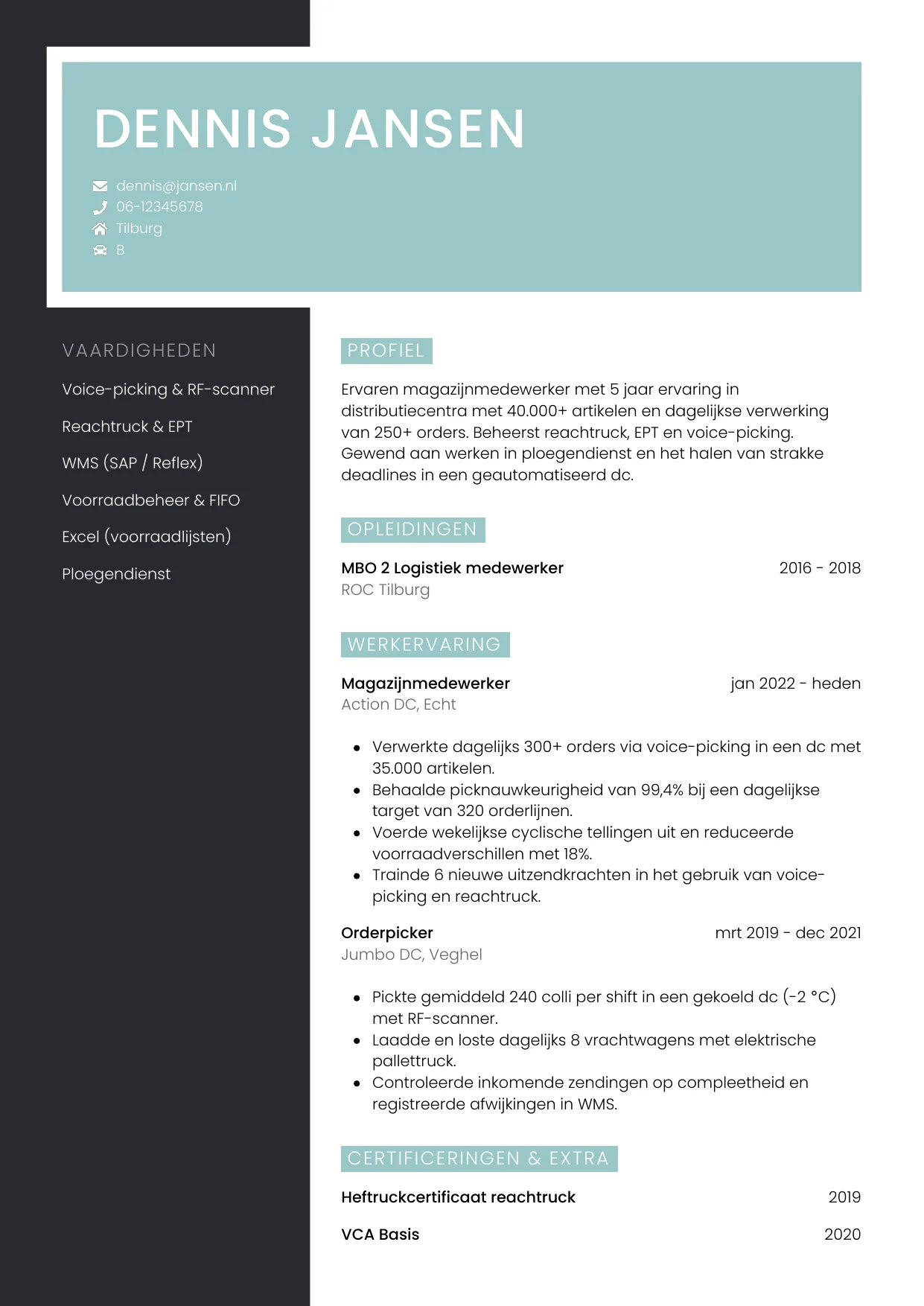 CV Elegant voor magazijnmedewerker