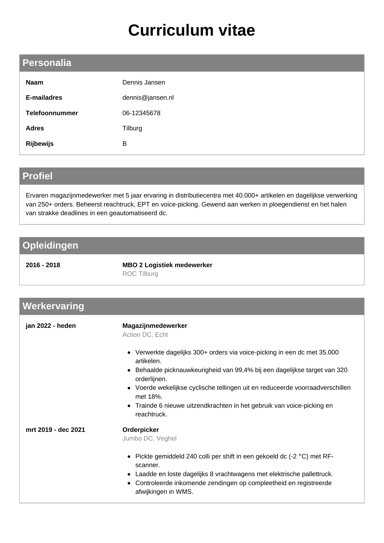 CV Klassiek voor magazijnmedewerker
