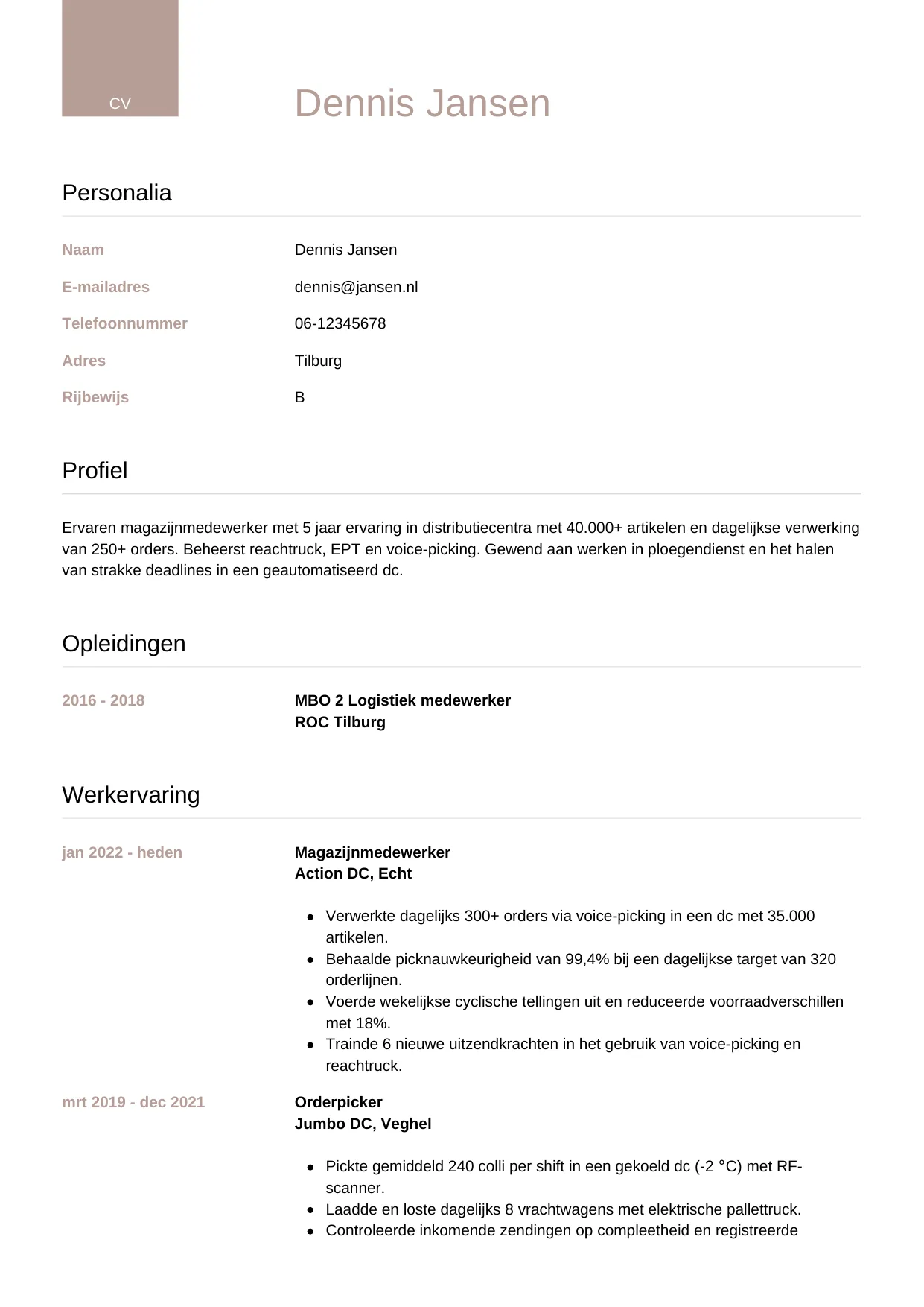 CV Luxe voor magazijnmedewerker