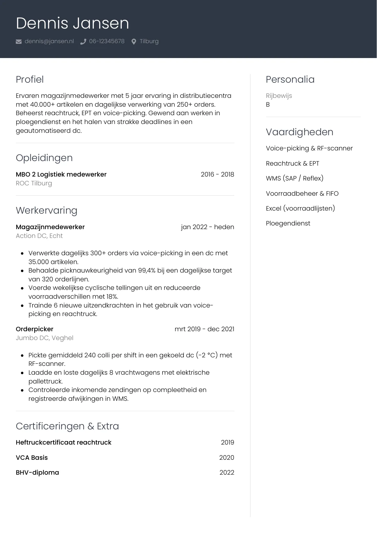 CV Professioneel voor magazijnmedewerker