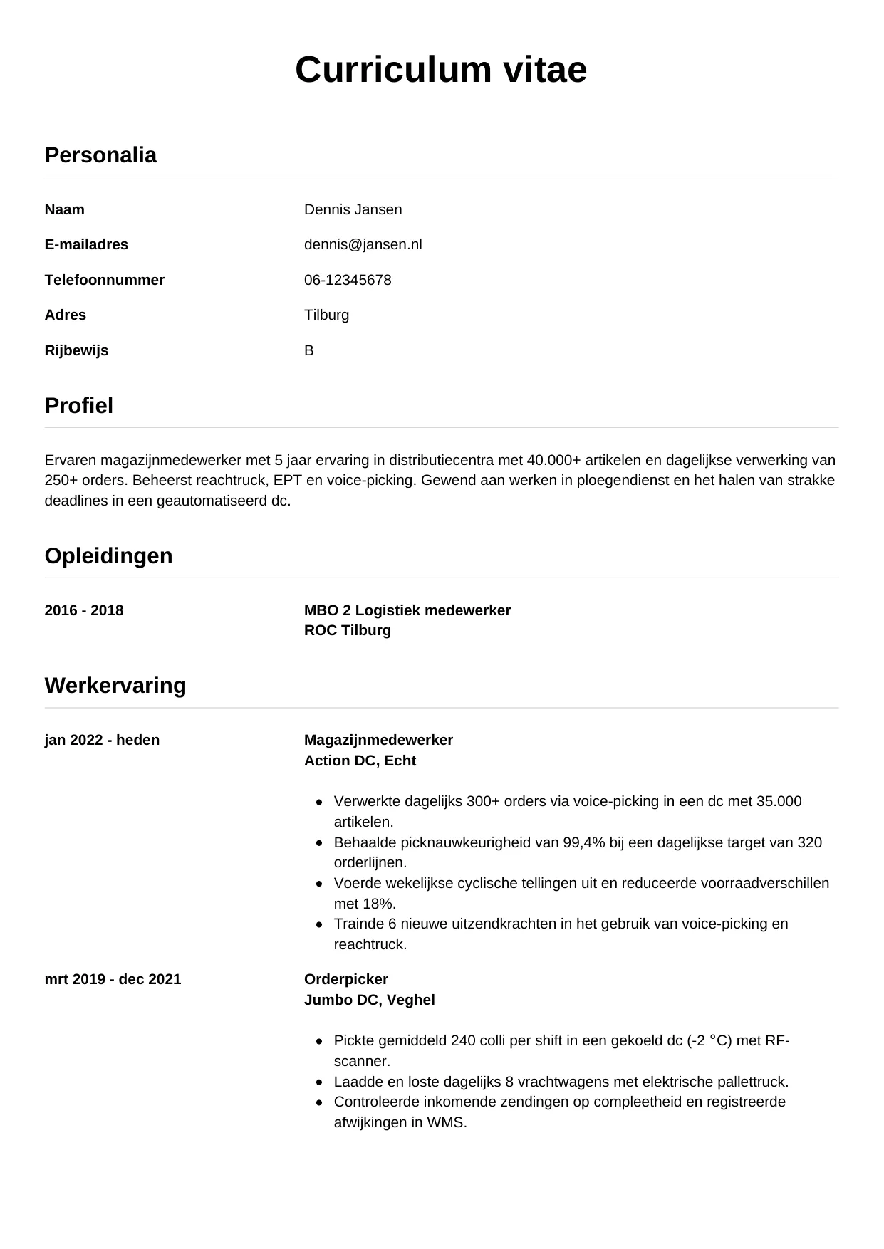 CV Simpel voor magazijnmedewerker