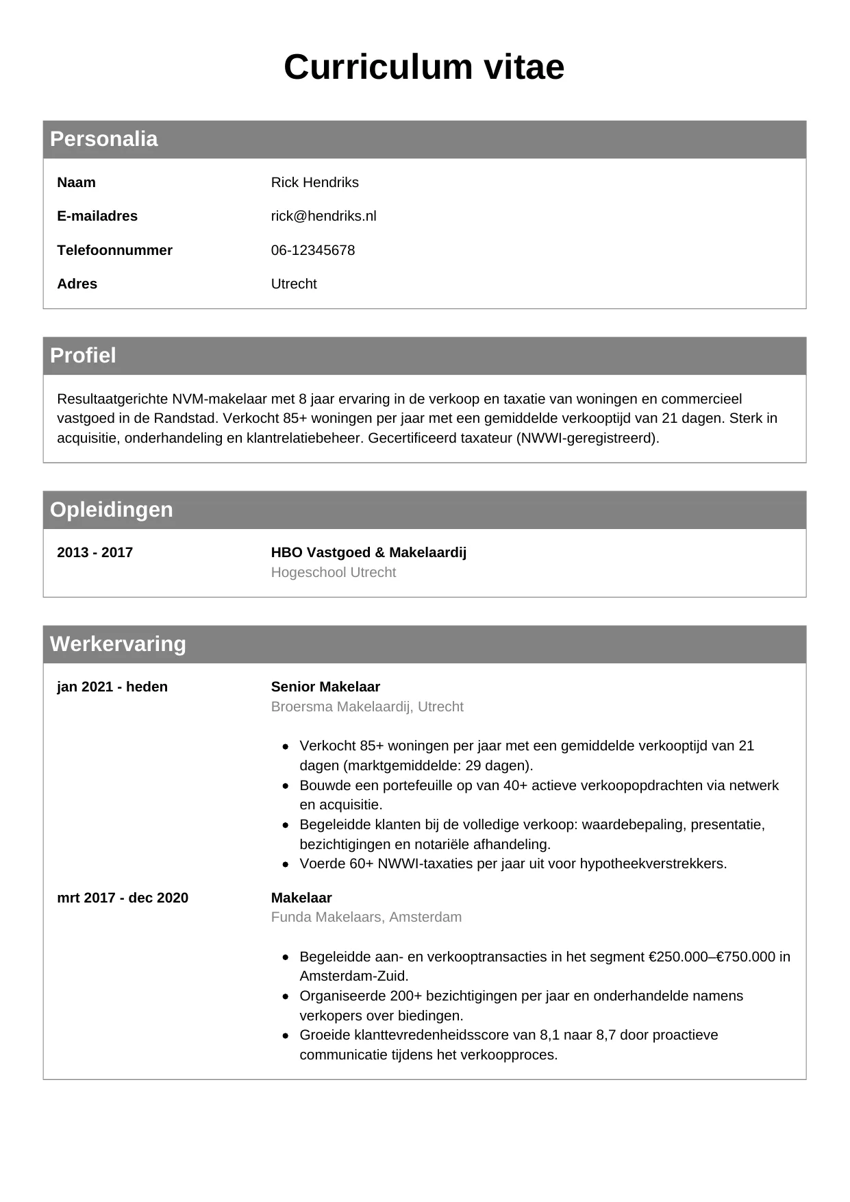CV Klassiek voor makelaar