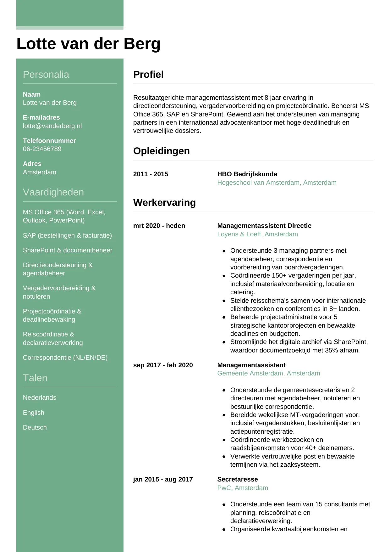 Voorbeeld CV voor managementassistent in template Casual. CV Casual voor managementassistent