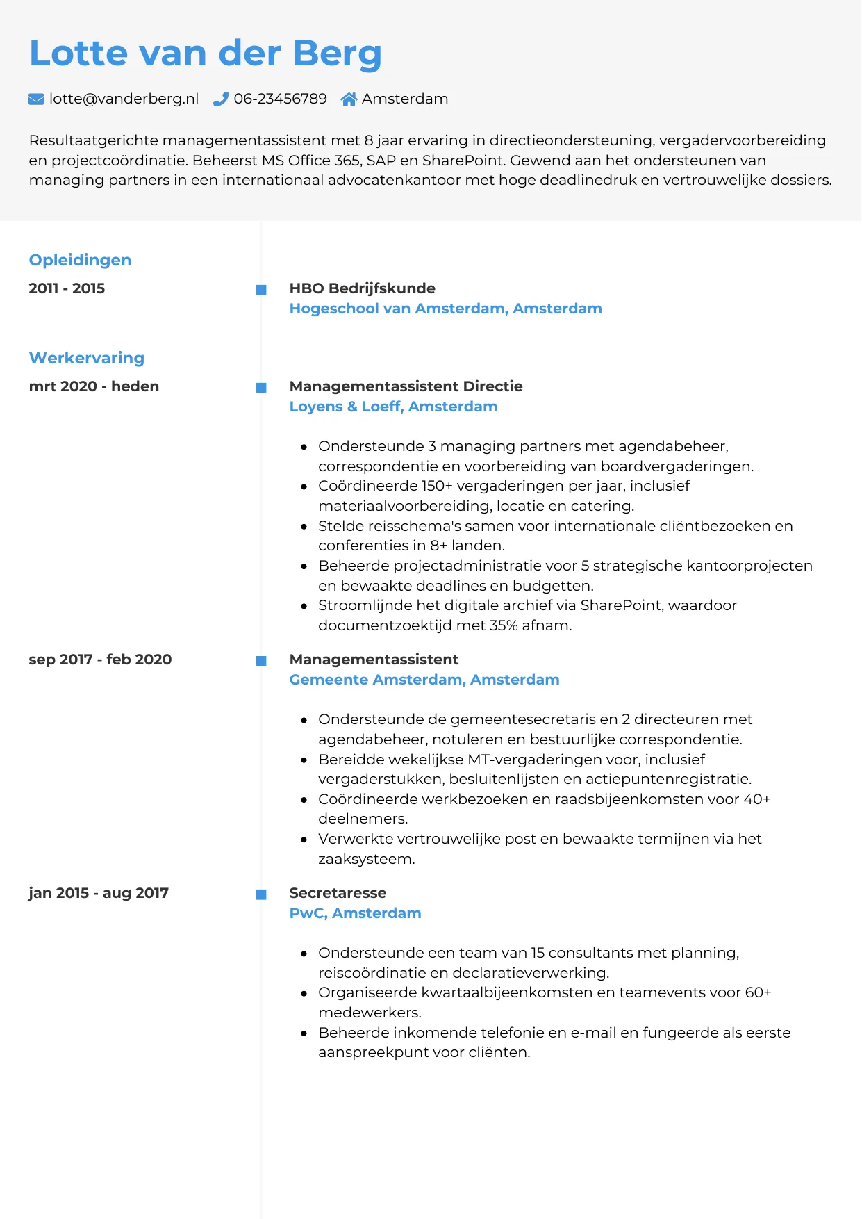 Voorbeeld CV voor managementassistent in template Chrono. CV Chrono voor managementassistent