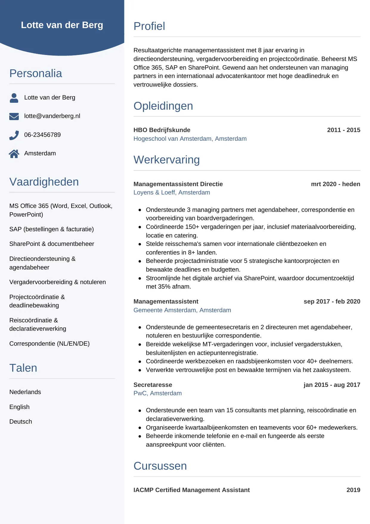 Voorbeeld CV voor managementassistent in template Circulair. CV Circulair voor managementassistent