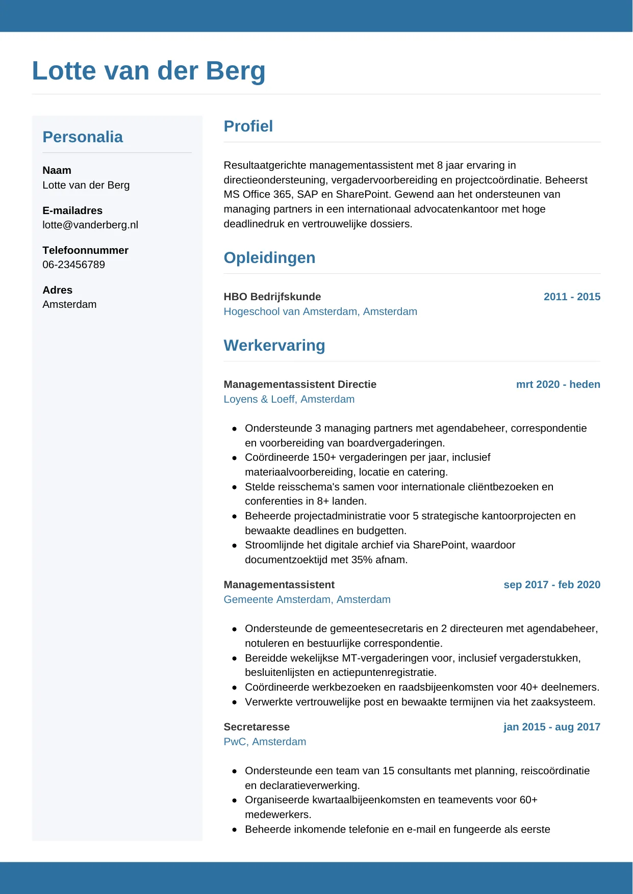 Voorbeeld CV voor managementassistent in template Horizontaal. CV Horizontaal voor managementassistent