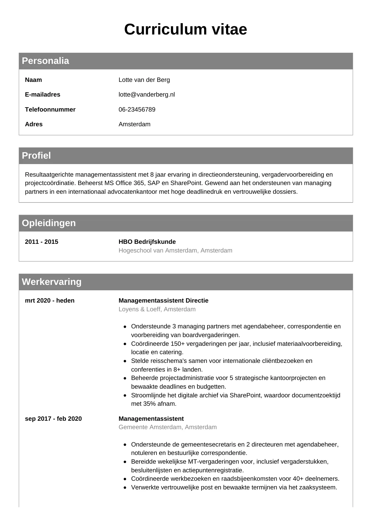 Voorbeeld CV voor managementassistent in template Klassiek. CV Klassiek voor managementassistent