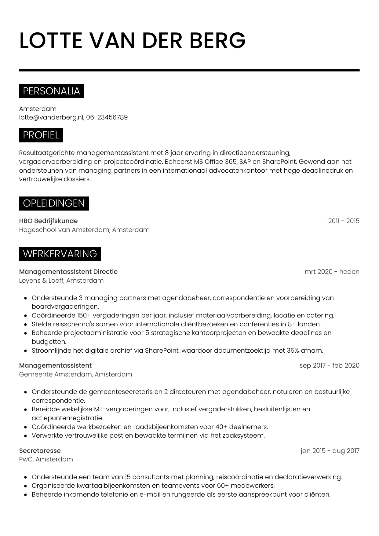 Voorbeeld CV voor managementassistent in template Metro. CV Metro voor managementassistent