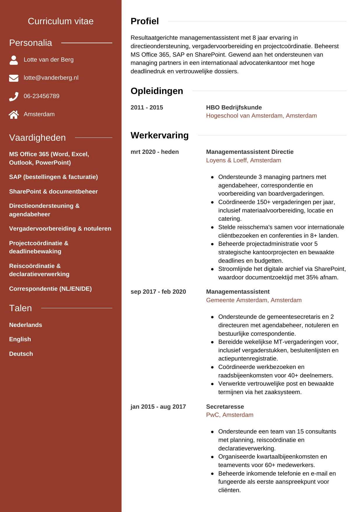 Voorbeeld CV voor managementassistent in template Modern. CV Modern voor managementassistent