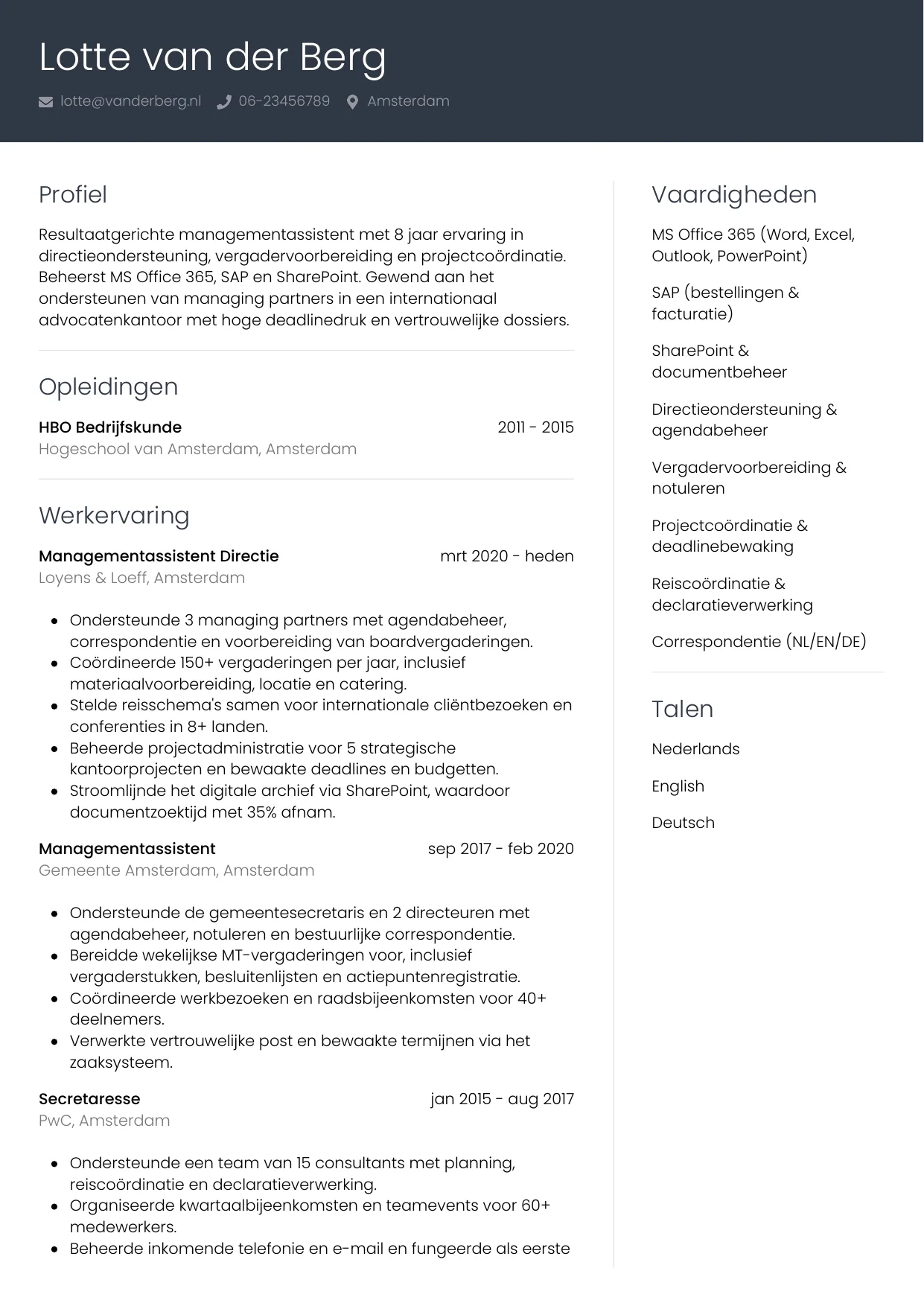 Voorbeeld CV voor managementassistent in template Professioneel. CV Professioneel voor managementassistent