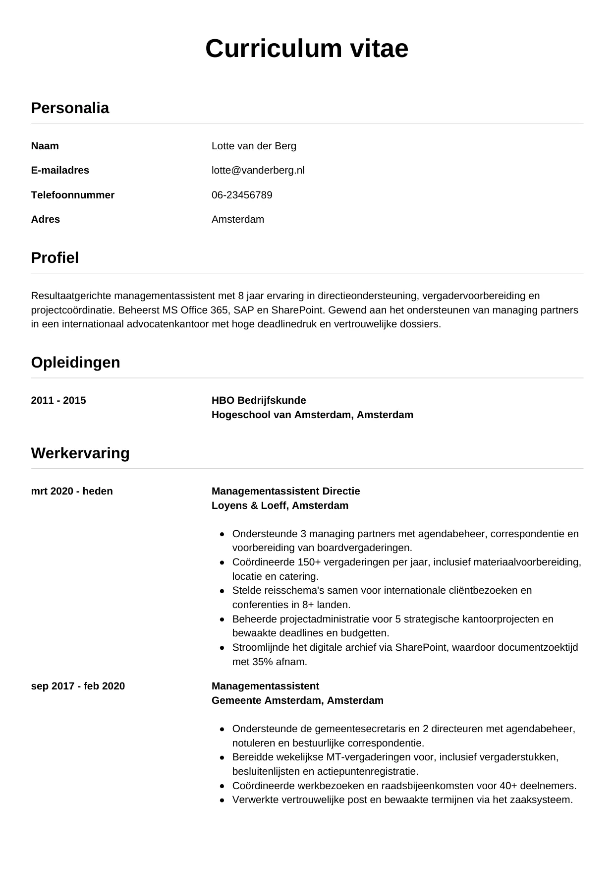Voorbeeld CV voor managementassistent in template Simpel. CV Simpel voor managementassistent