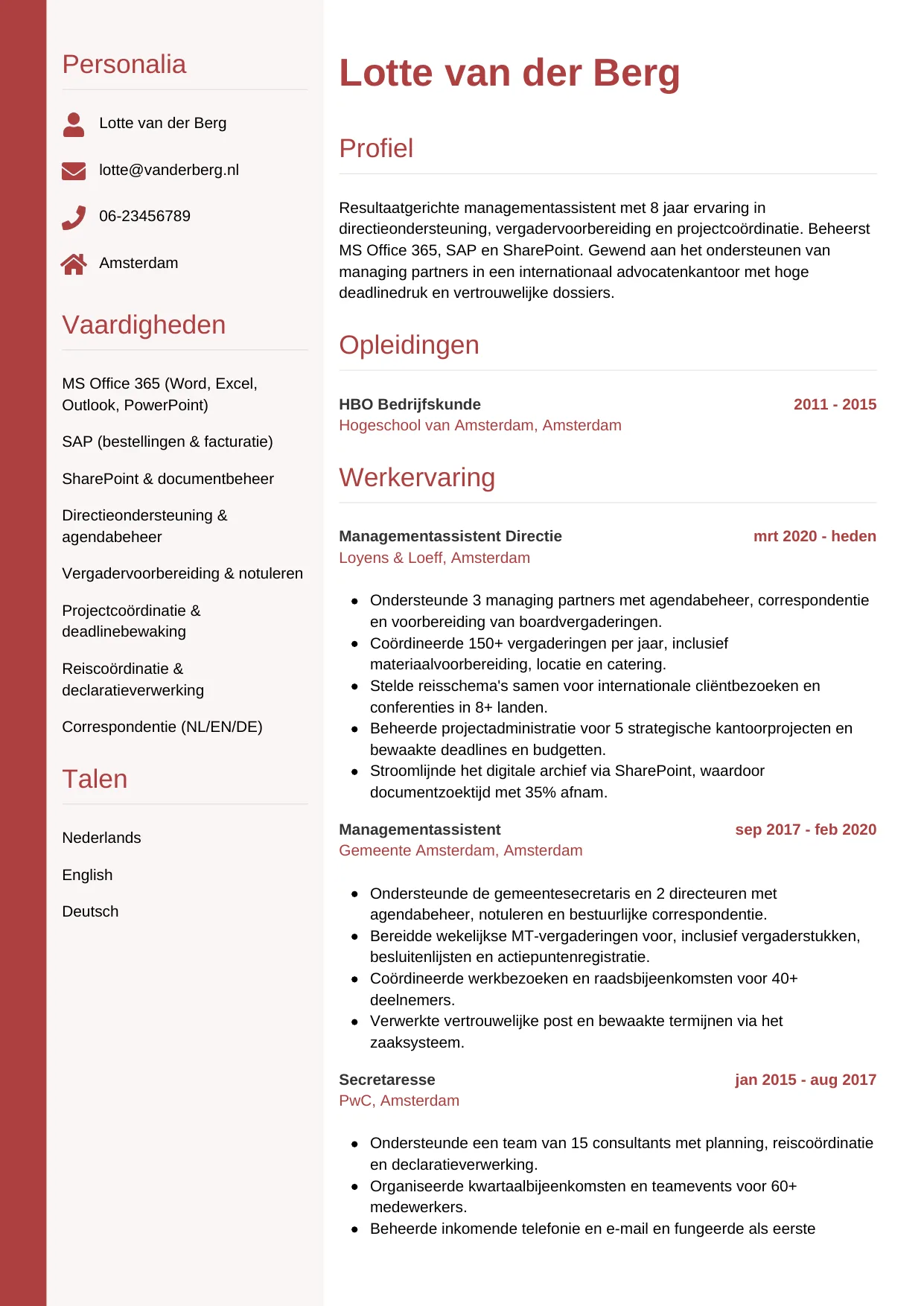Voorbeeld CV voor managementassistent in template Verticaal. CV Verticaal voor managementassistent