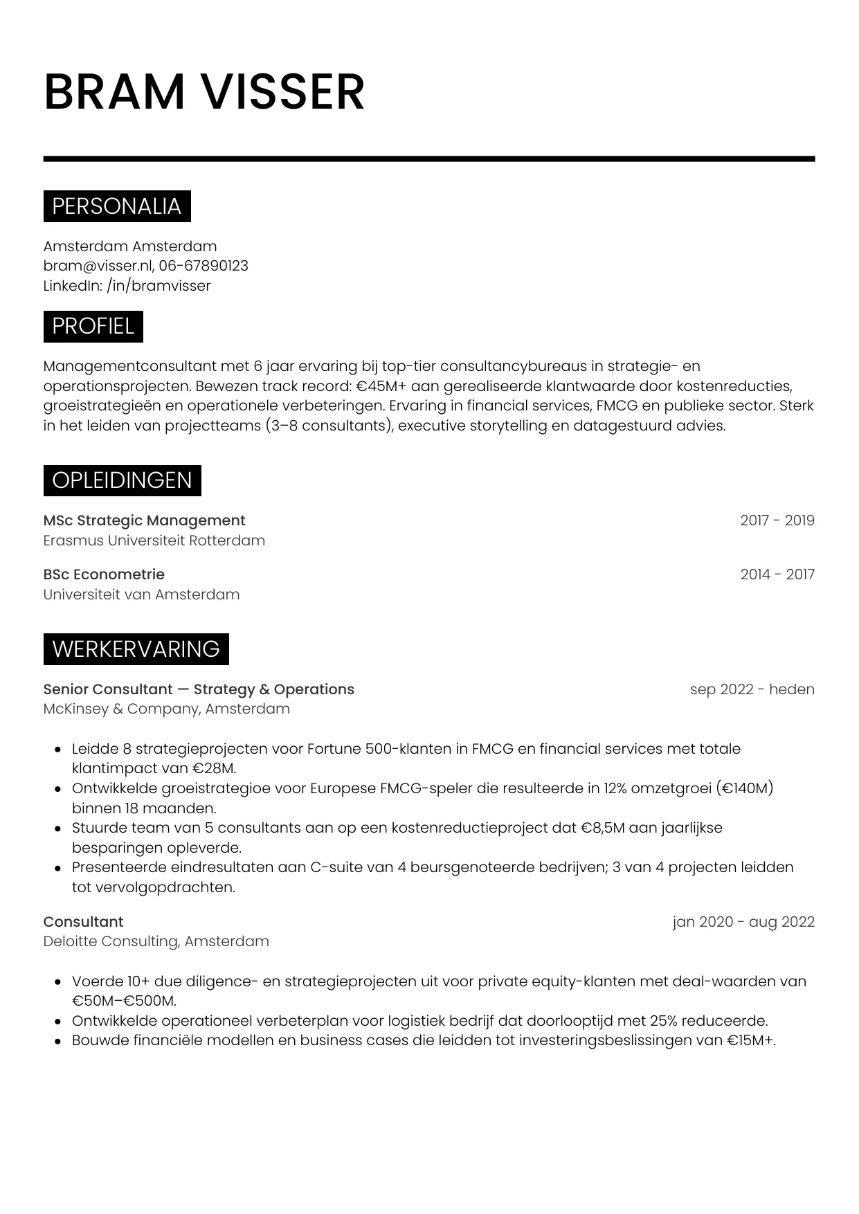 CV Metro voor managementconsultant