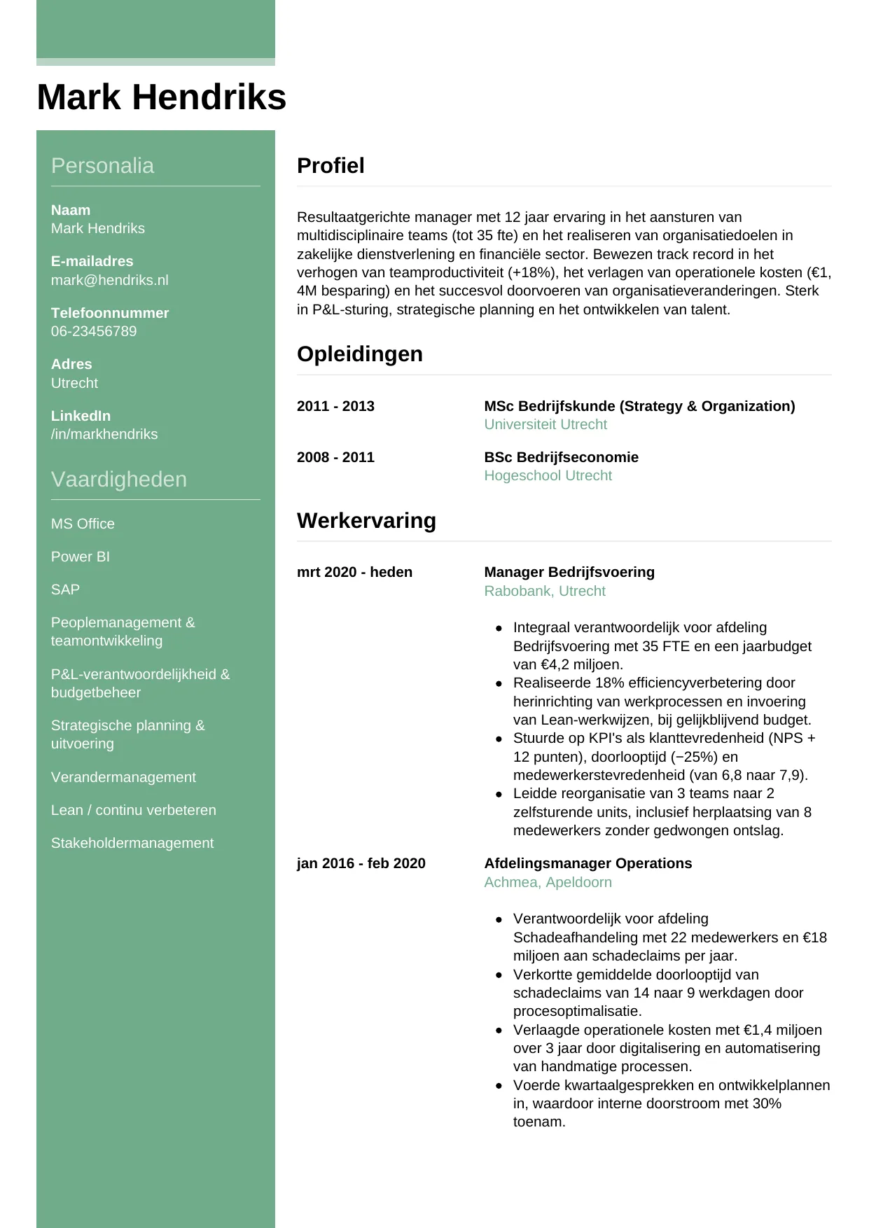 Voorbeeld CV voor manager in template Casual. CV Casual voor manager