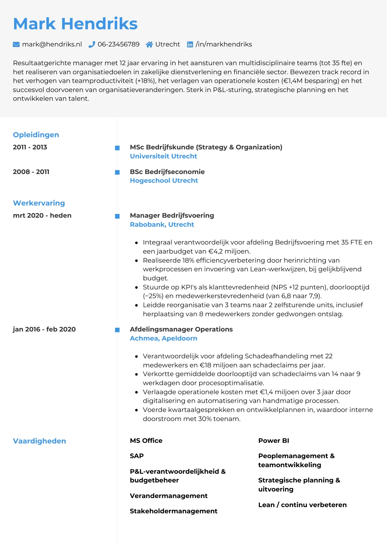 Voorbeeld CV voor manager in template Chrono. CV Chrono voor manager