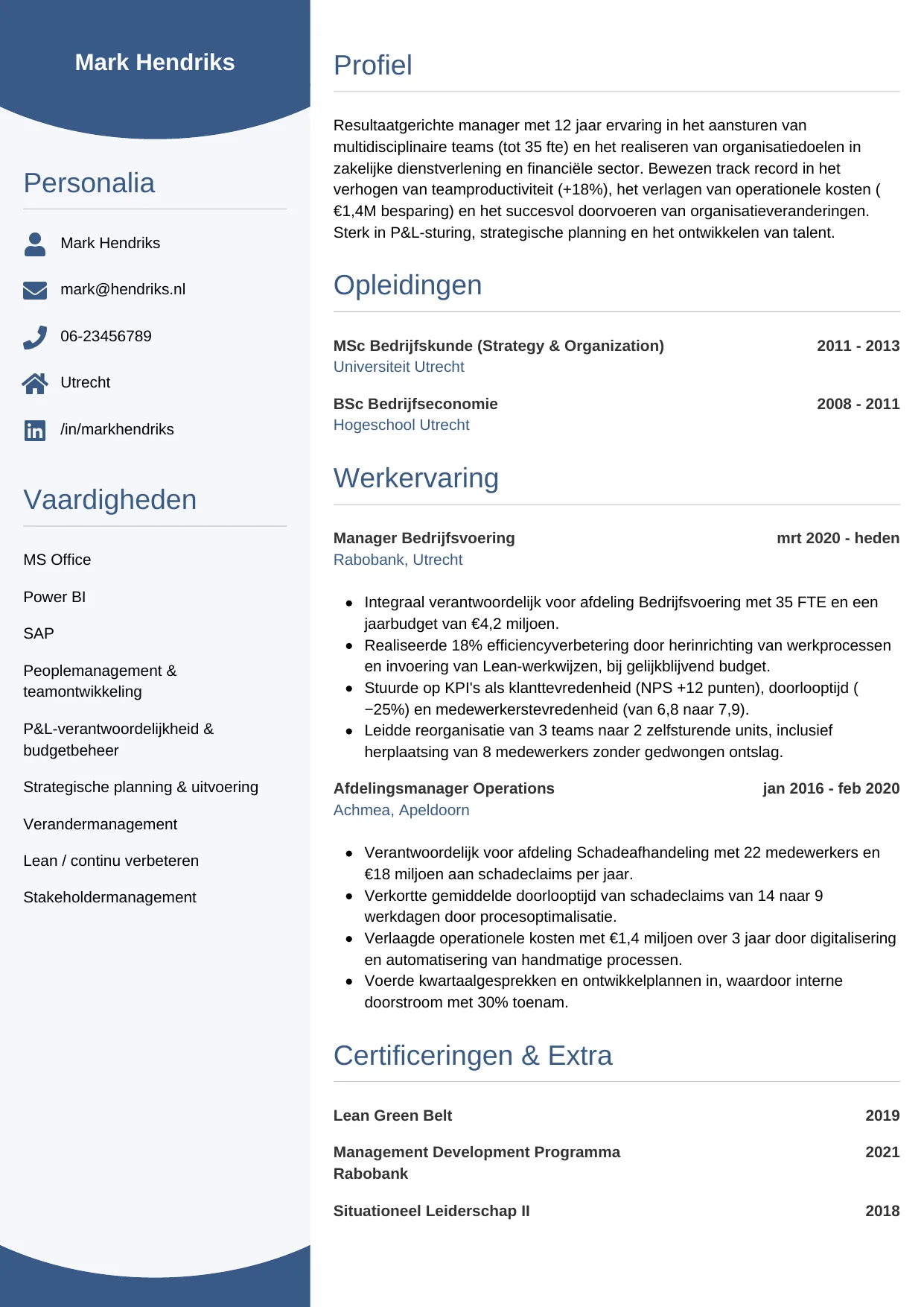 Voorbeeld CV voor manager in template Circulair. CV Circulair voor manager