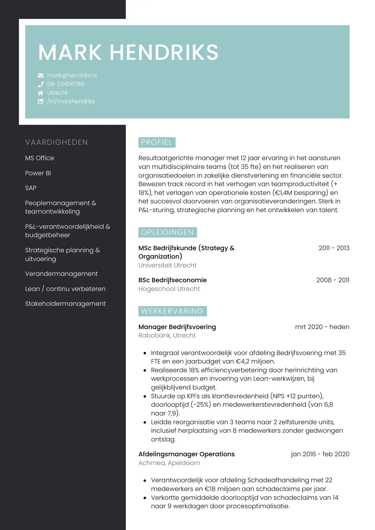 Voorbeeld CV voor manager in template Elegant. CV Elegant voor manager