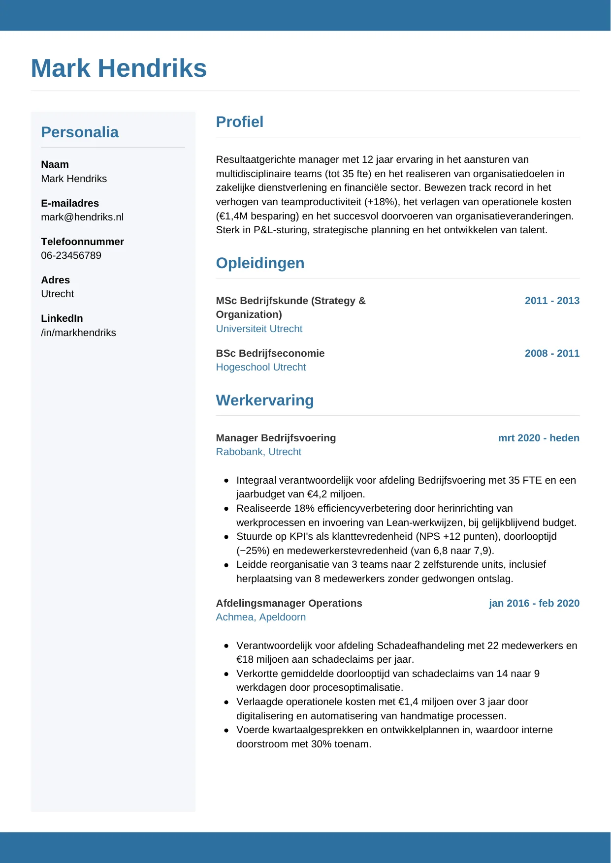 Voorbeeld CV voor manager in template Horizontaal. CV Horizontaal voor manager