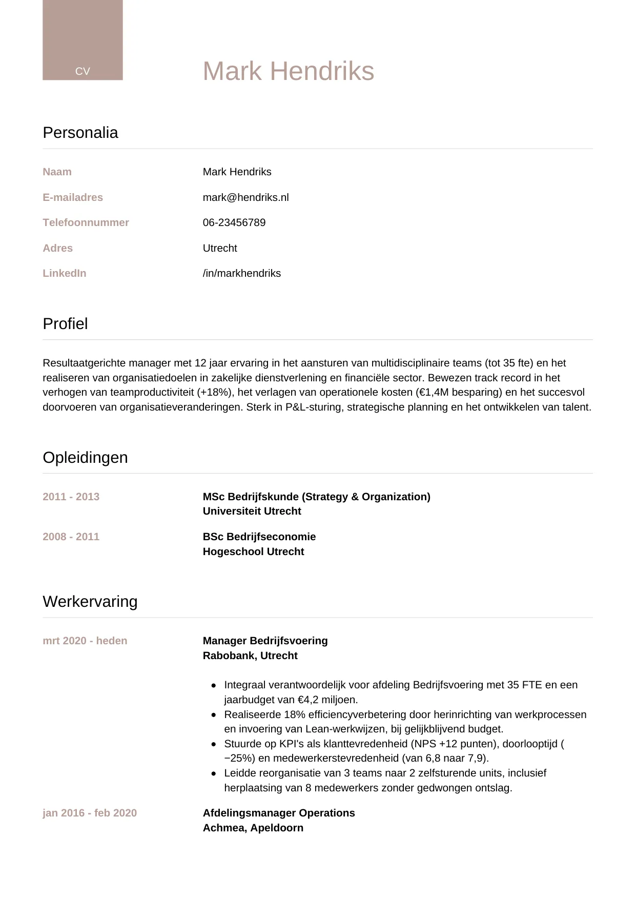 Voorbeeld CV voor manager in template Luxe. CV Luxe voor manager