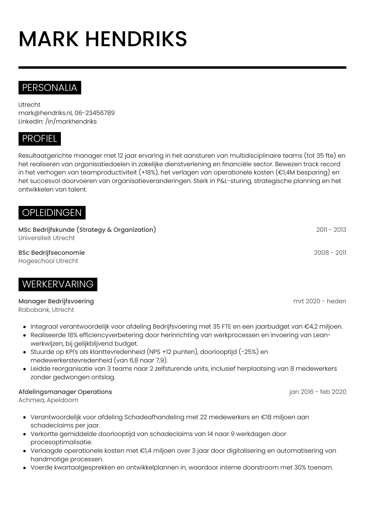 Voorbeeld CV voor manager in template Metro. CV Metro voor manager