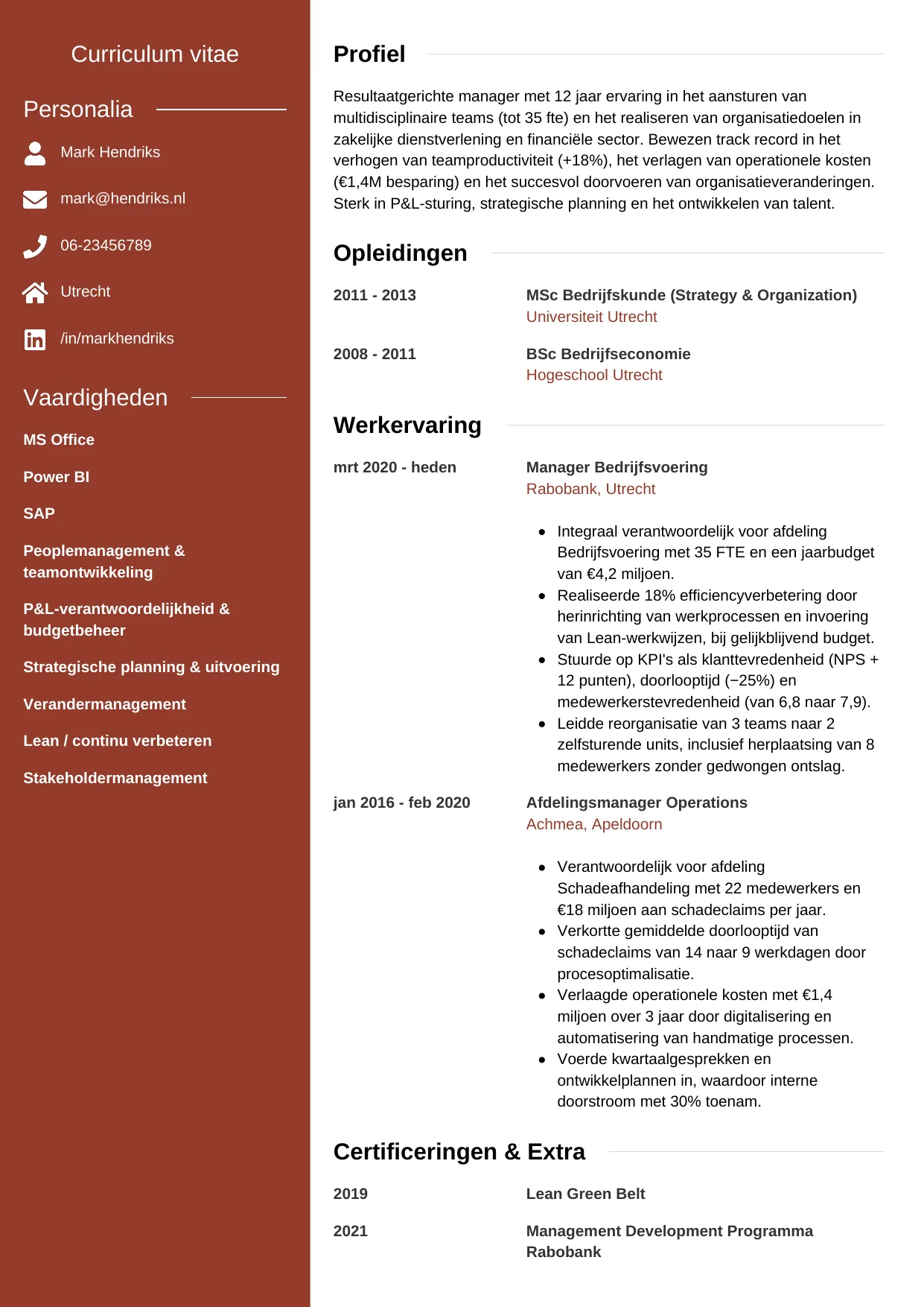 Voorbeeld CV voor manager in template Modern. CV Modern voor manager