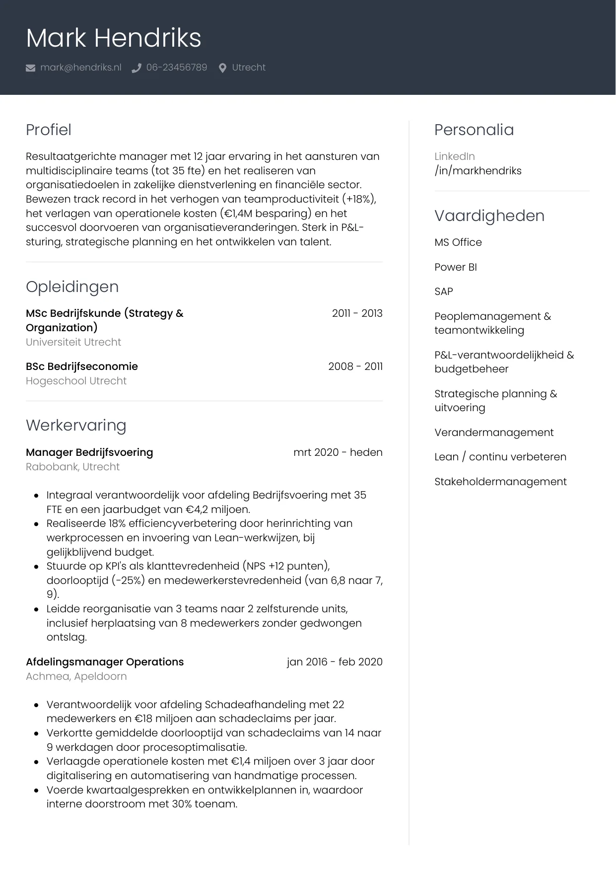 Voorbeeld CV voor manager in template Professioneel. CV Professioneel voor manager