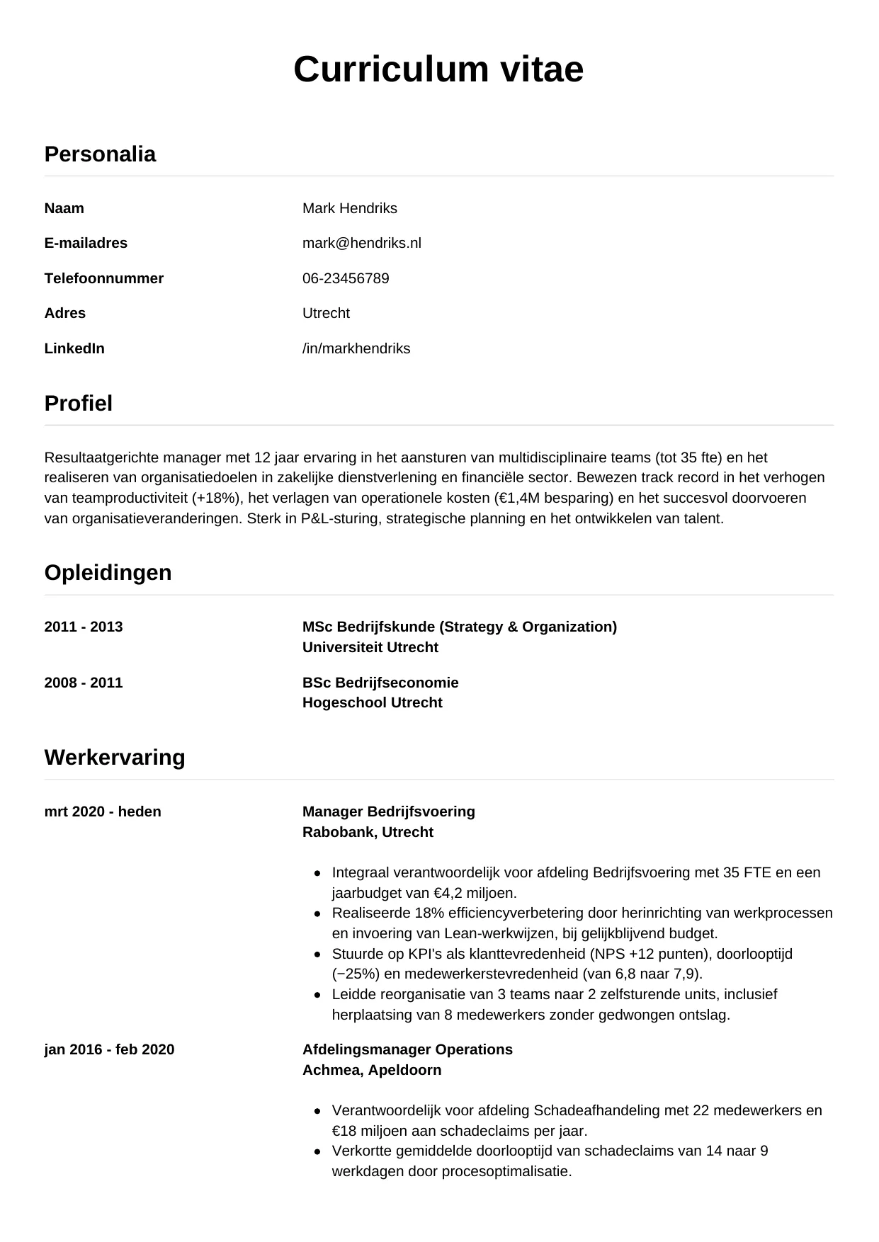 Voorbeeld CV voor manager in template Simpel. CV Simpel voor manager
