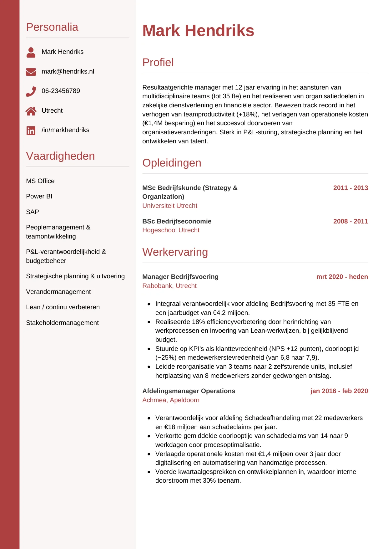 Voorbeeld CV voor manager in template Verticaal. CV Verticaal voor manager